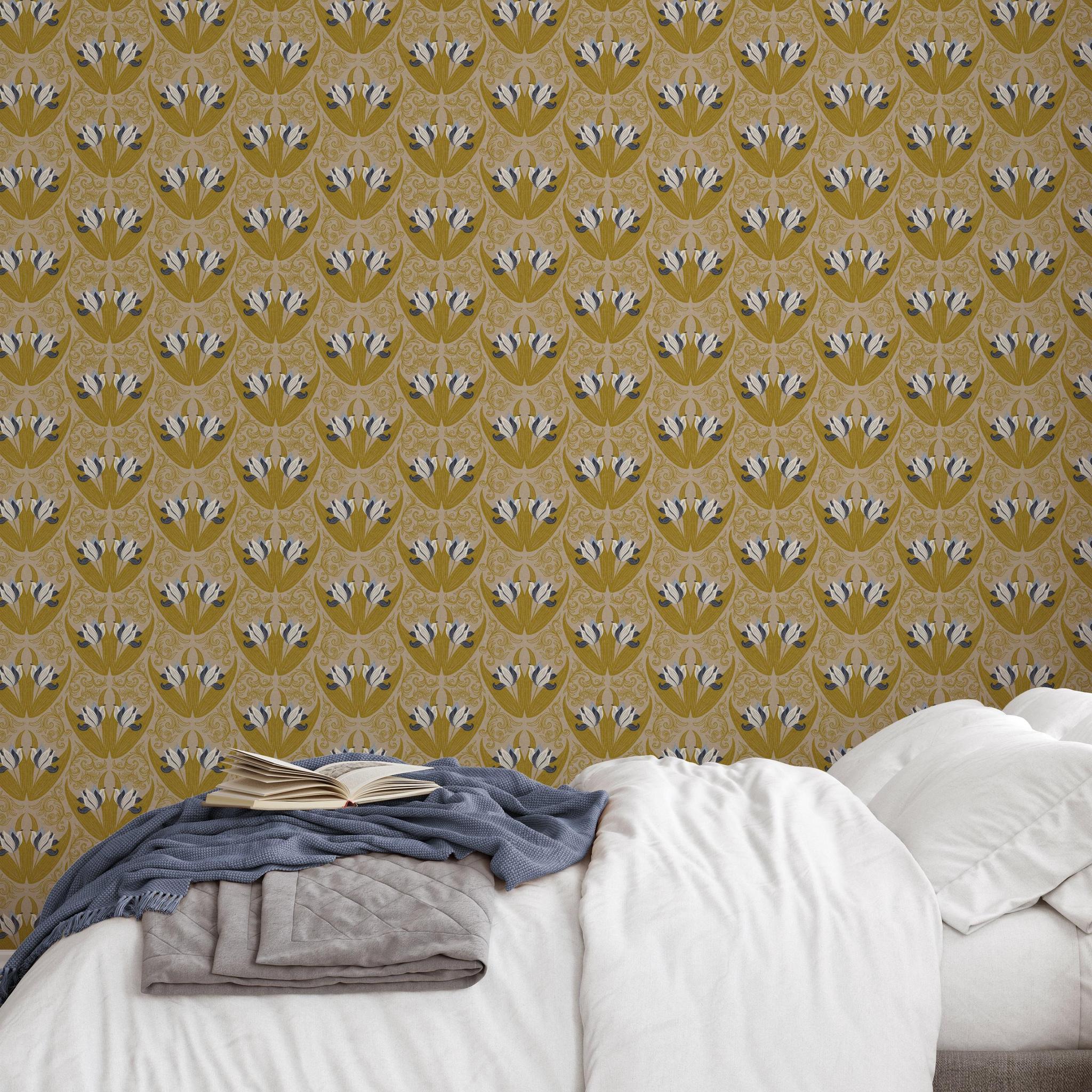Josephine Wallpaper by Wall Blush SG02, elegant pattern in cozy bedroom with focus on wall decor