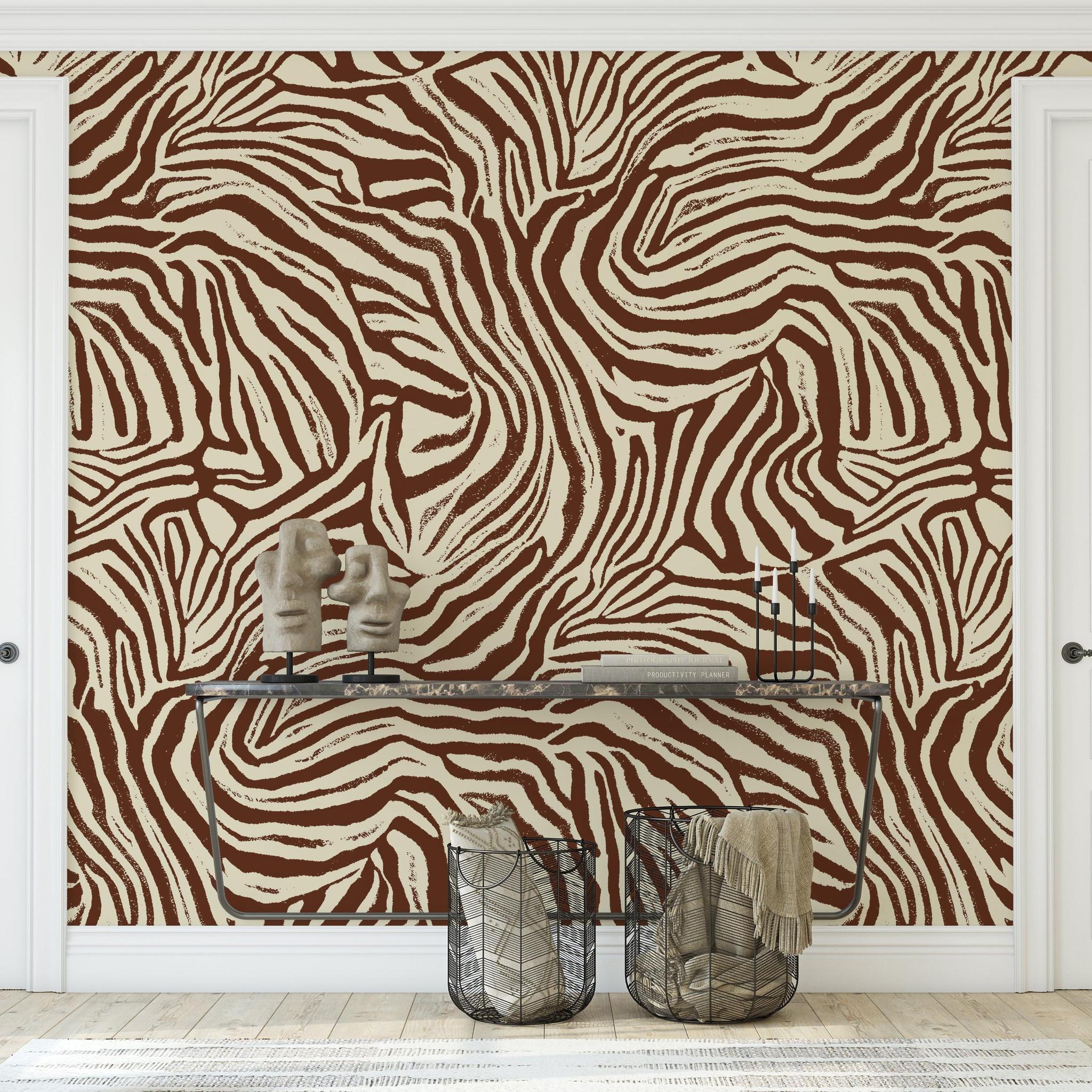 Jules Wallpaper by Wall Blush SG02 showcasing a modern zebra pattern in a stylish living room.