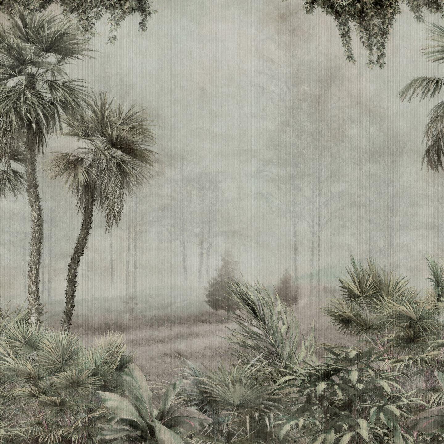 Mowgli Wallpaper by Wall Blush adorning the wall of a serene living room, highlighting lush tropical appeal.