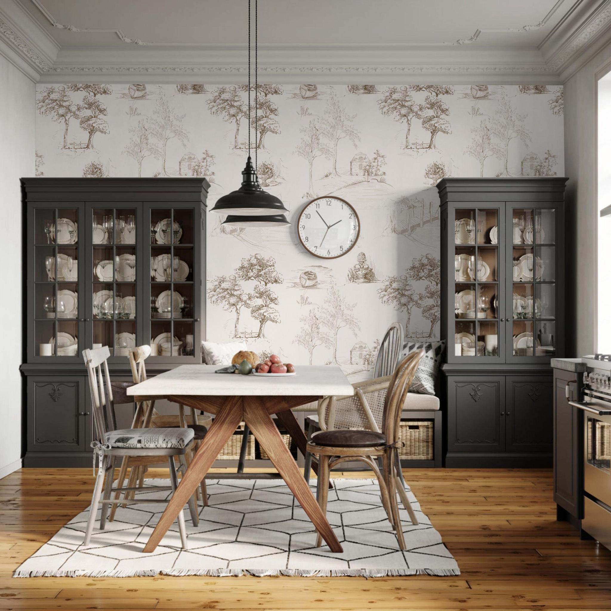 Loire Valley-patterned Wall Blush AW01 wallpaper featured in a stylish, well-lit kitchen.