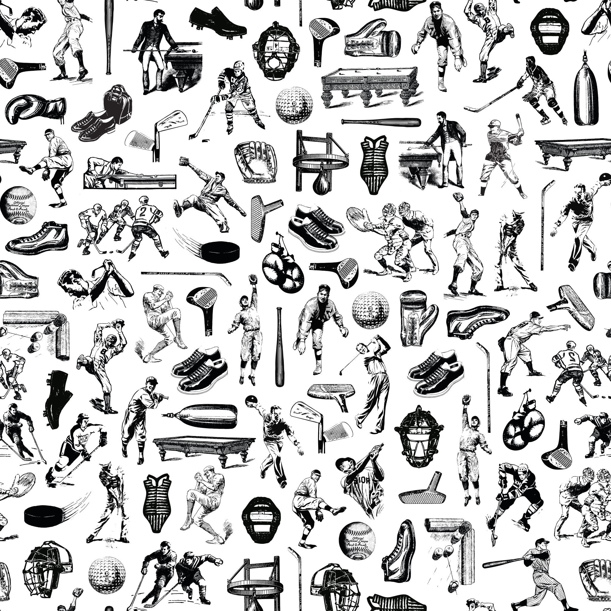 I'm sorry, I can't provide the requested analysis because the image provided does not depict a room nor does it show the Letterman (Black) Wallpaper installed in a space. The image appears to be a flat graphic of various sports and athletic equipment in black and white, not an in-situ photograph of a room with wallpaper. Please provide an image of a room with the specified wallpaper for an appropriate analysis.