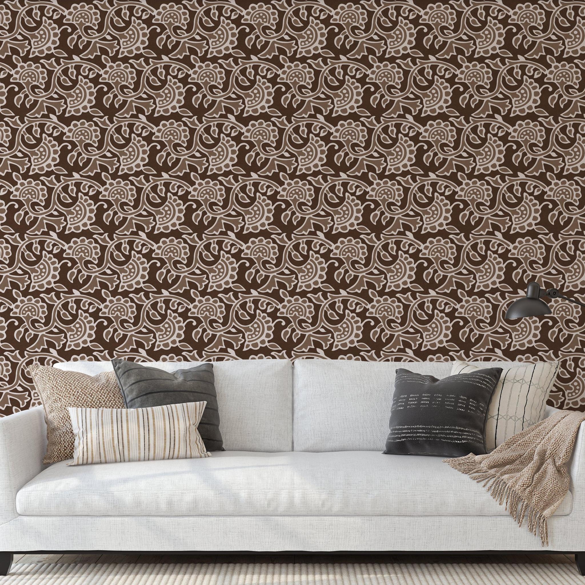 Renee Wallpaper by Wall Blush SG02, elegant pattern in a cozy living room setup with sofa
