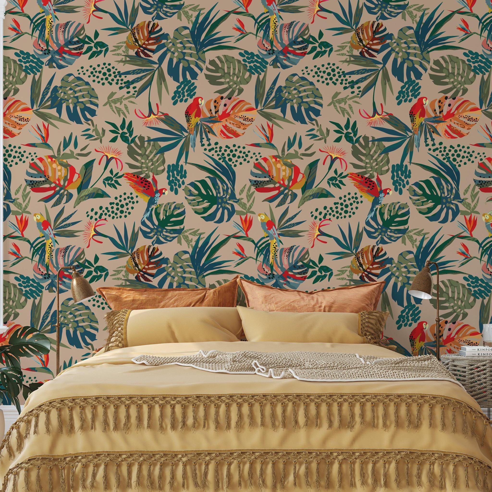 Wall Blush SG02 Macaw Wallpaper in a trendy bedroom setup, with the focus on vibrant tropical patterns.