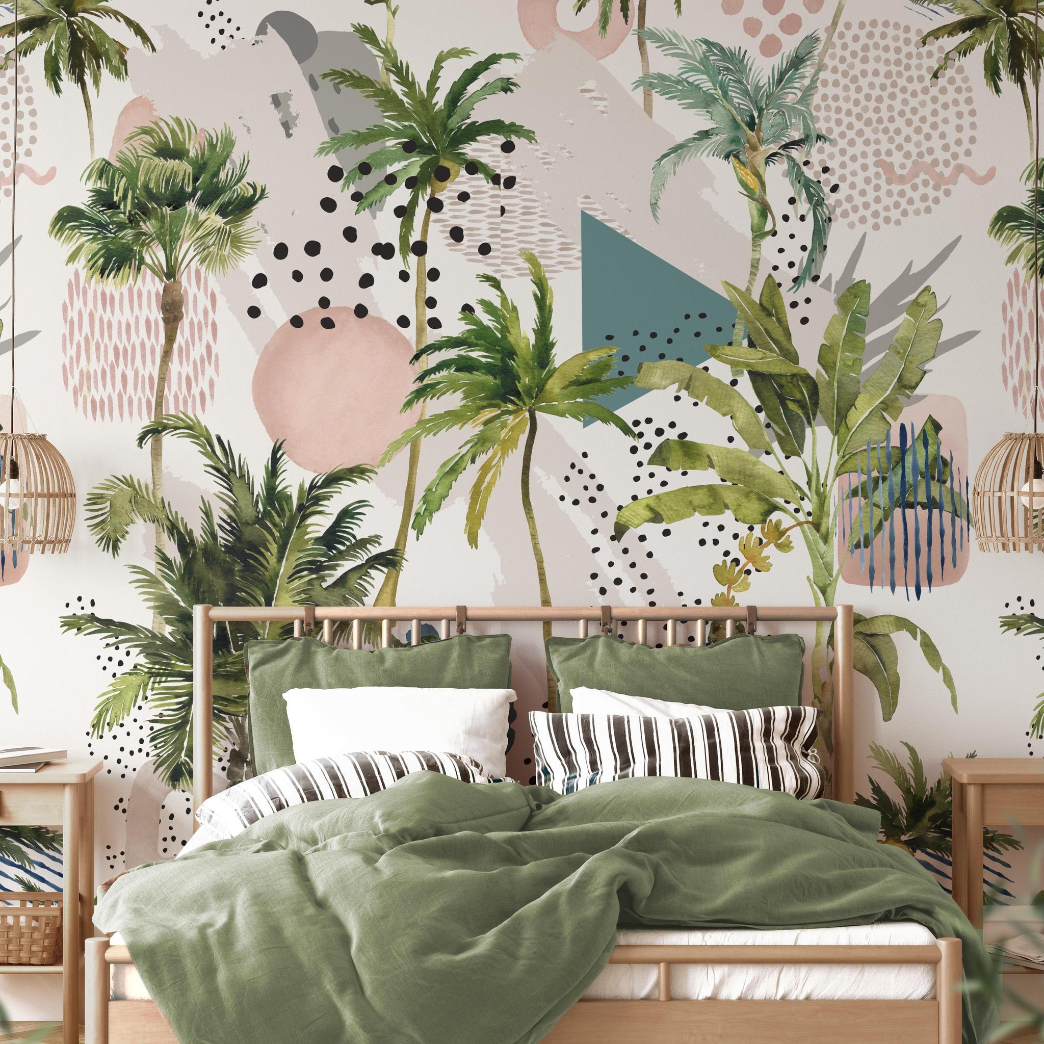 Paradise Wallpaper by The Clements Crew Line in a cozy bedroom with tropical design focus.