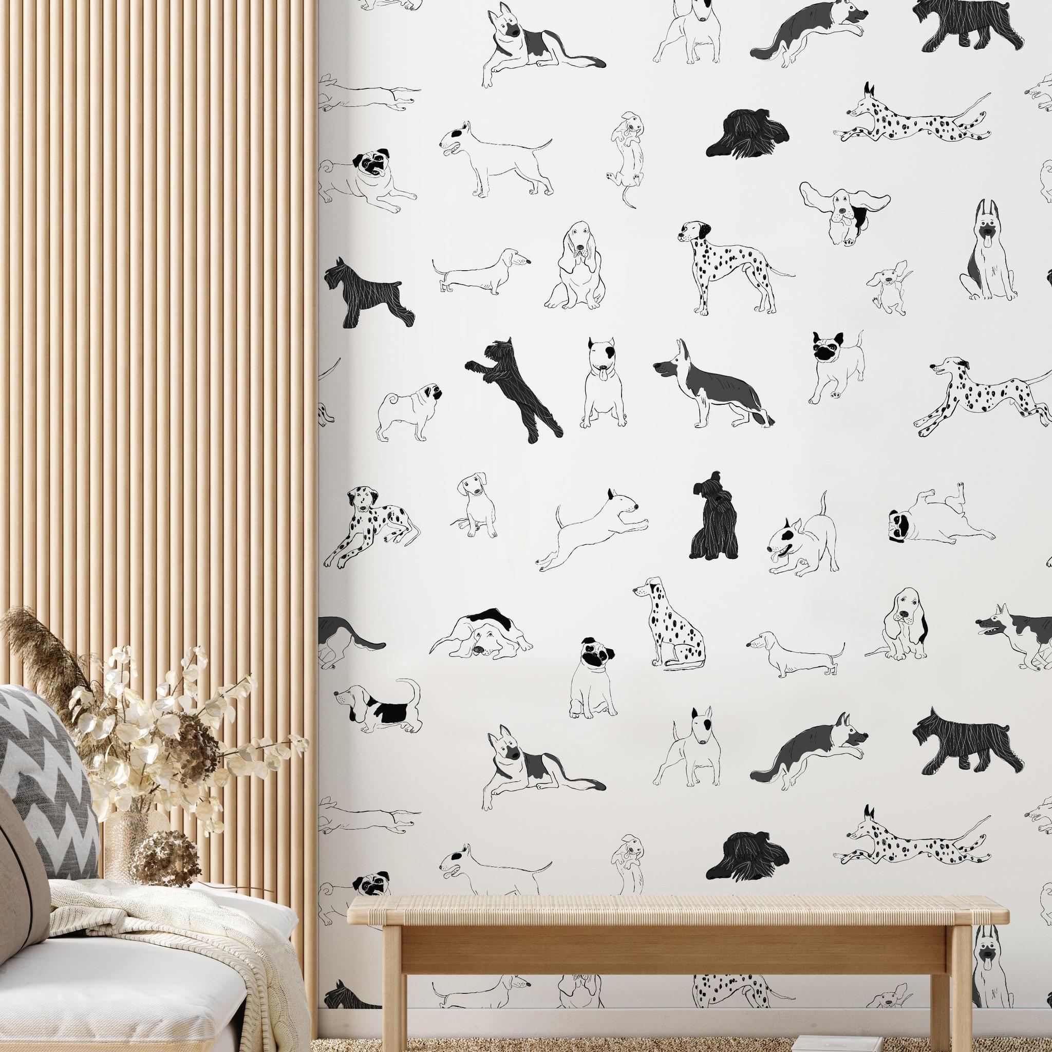 Puppy Love Wallpaper by Wall Blush, featuring playful dogs, perfect for a cozy modern living room decor.