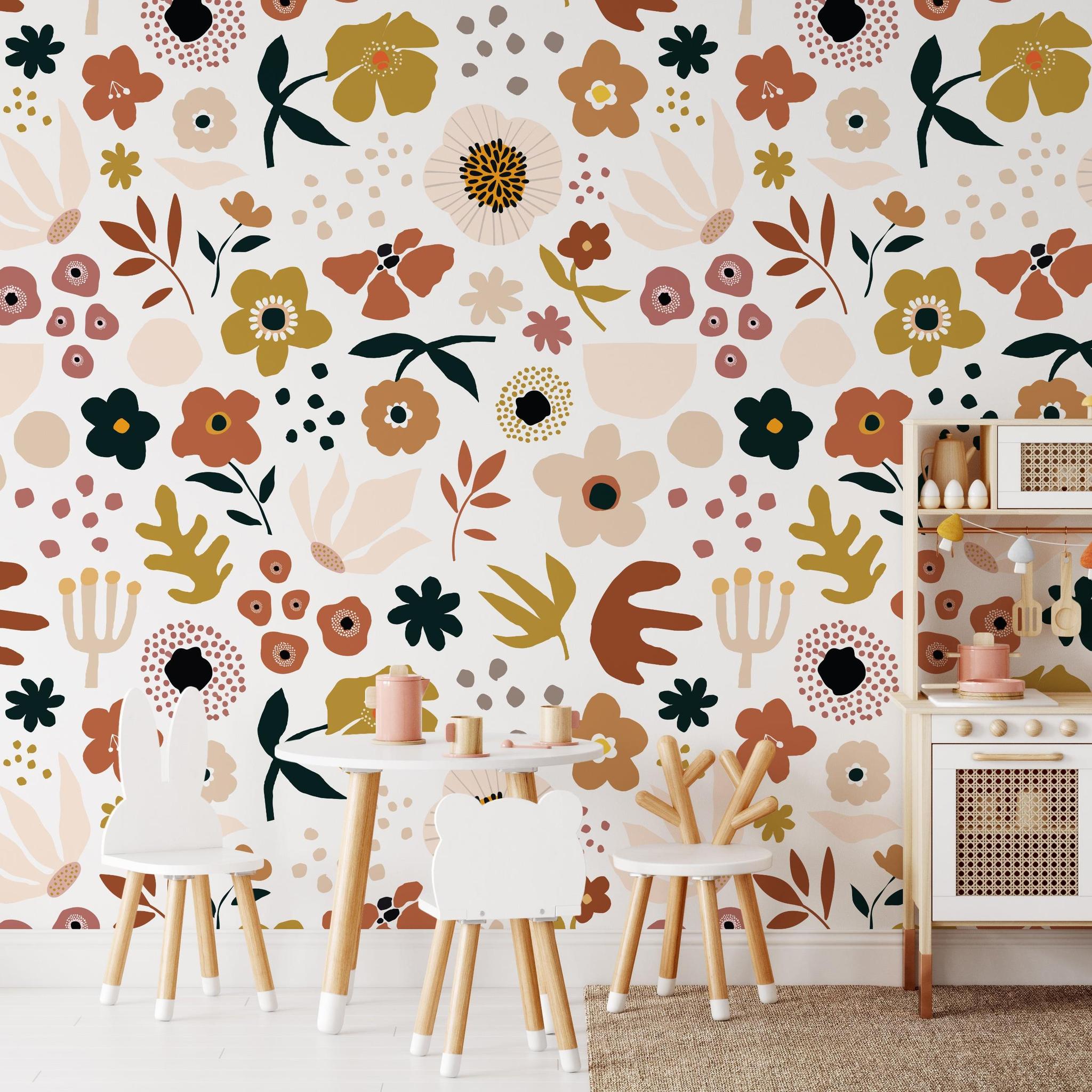 Mila Wallpaper from The Stefanie Bloom Line in a vibrant children's playroom, featuring colorful floral patterns.