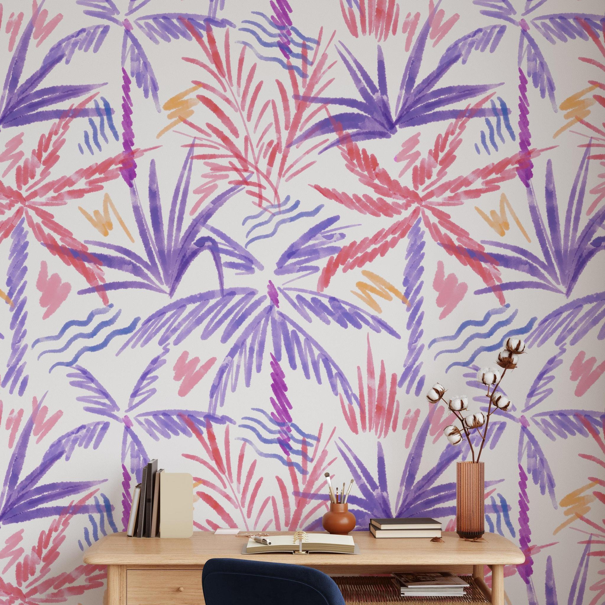 Alt: Nim Wallpaper by Wall Blush SG02 adorns a home office, highlighting colorful leaf patterns as the room's focal point.