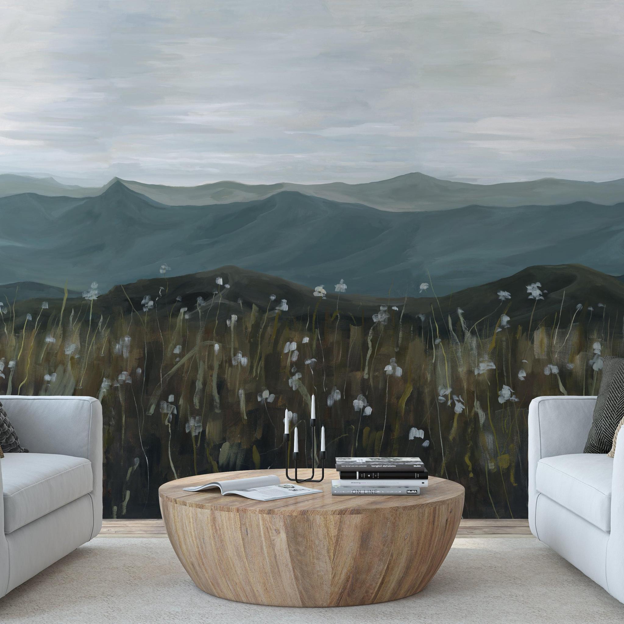 On the Horizon Wallpaper from The David Brazier Line in elegant living room, focus on scenic design.
