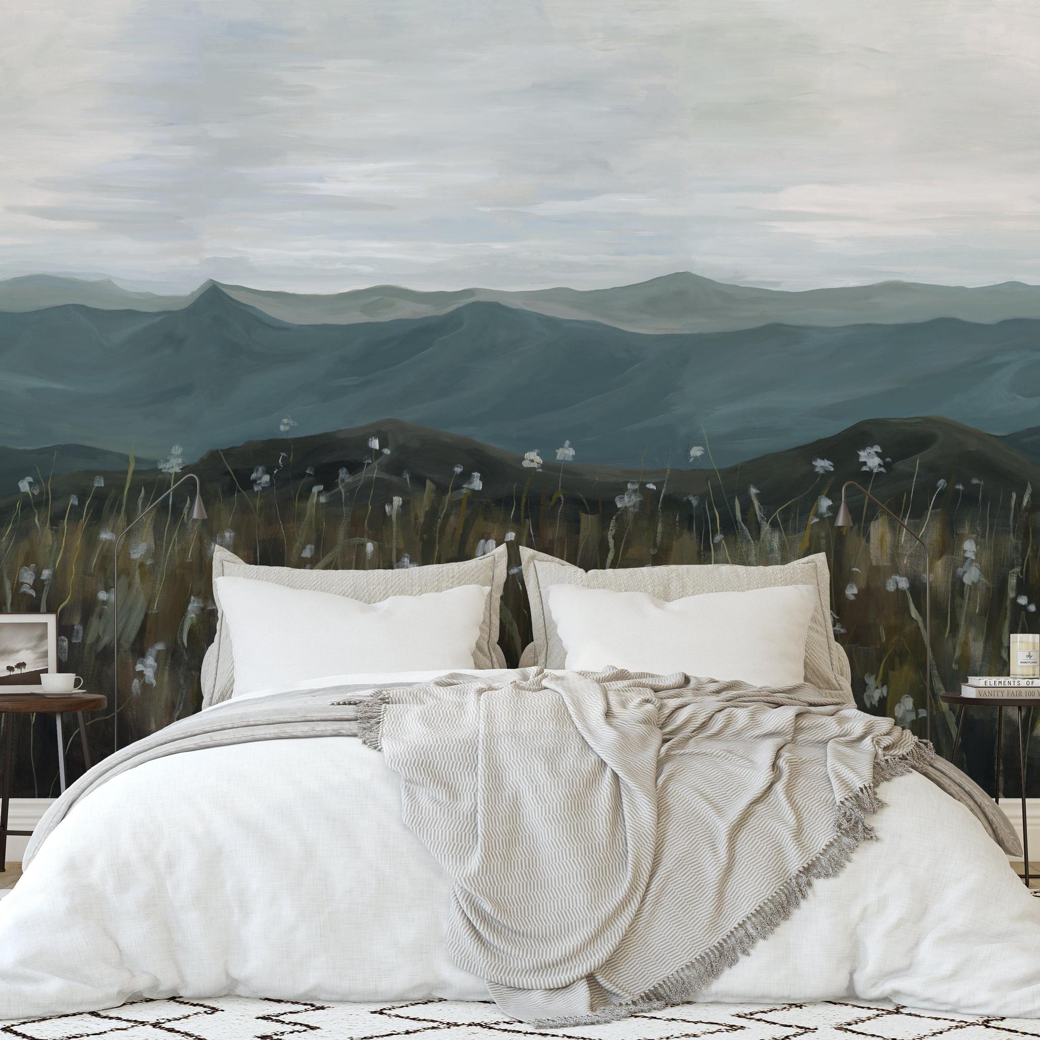 On the Horizon Wallpaper by The David Brazier Line featured in a cozy bedroom with mountain scenery focus.