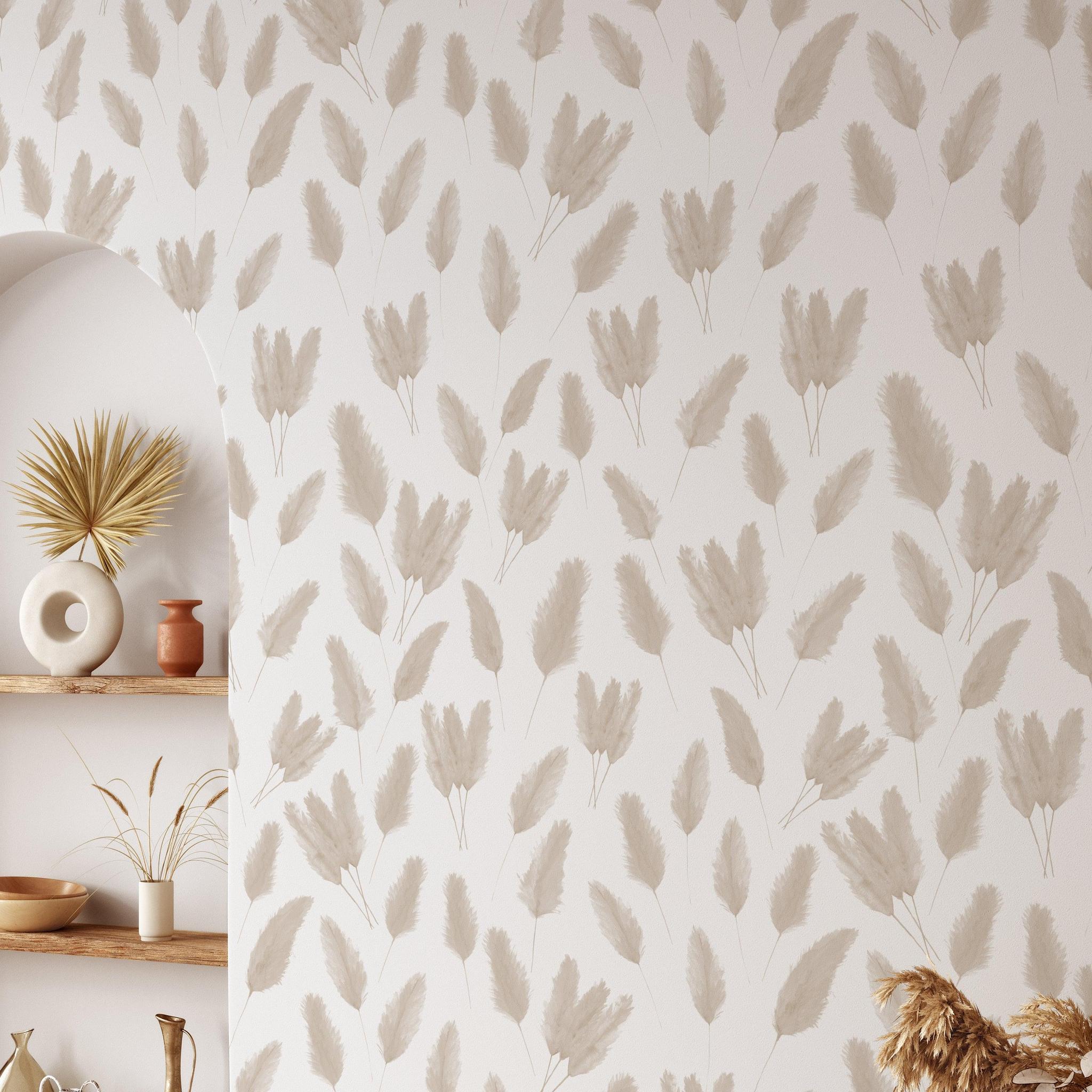 Serena Wallpaper by Wall Blush in a modern living room, showcasing elegant leaf patterns as the main focus.