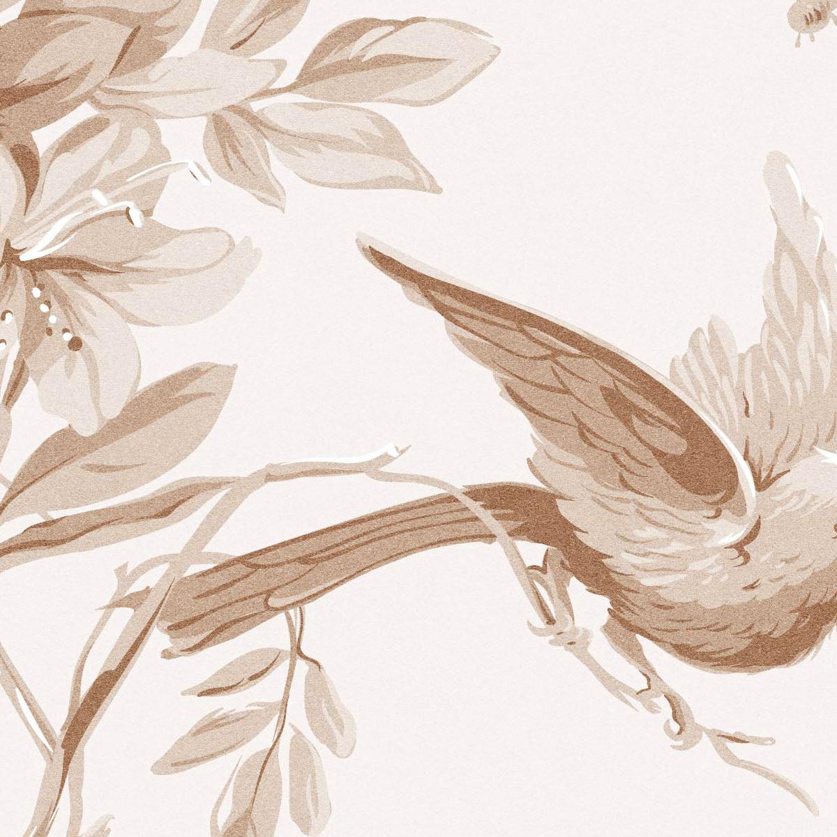 Close-up of Pemberly Wallpaper by Wall Blush AW01 featuring bird design in a living room setting.