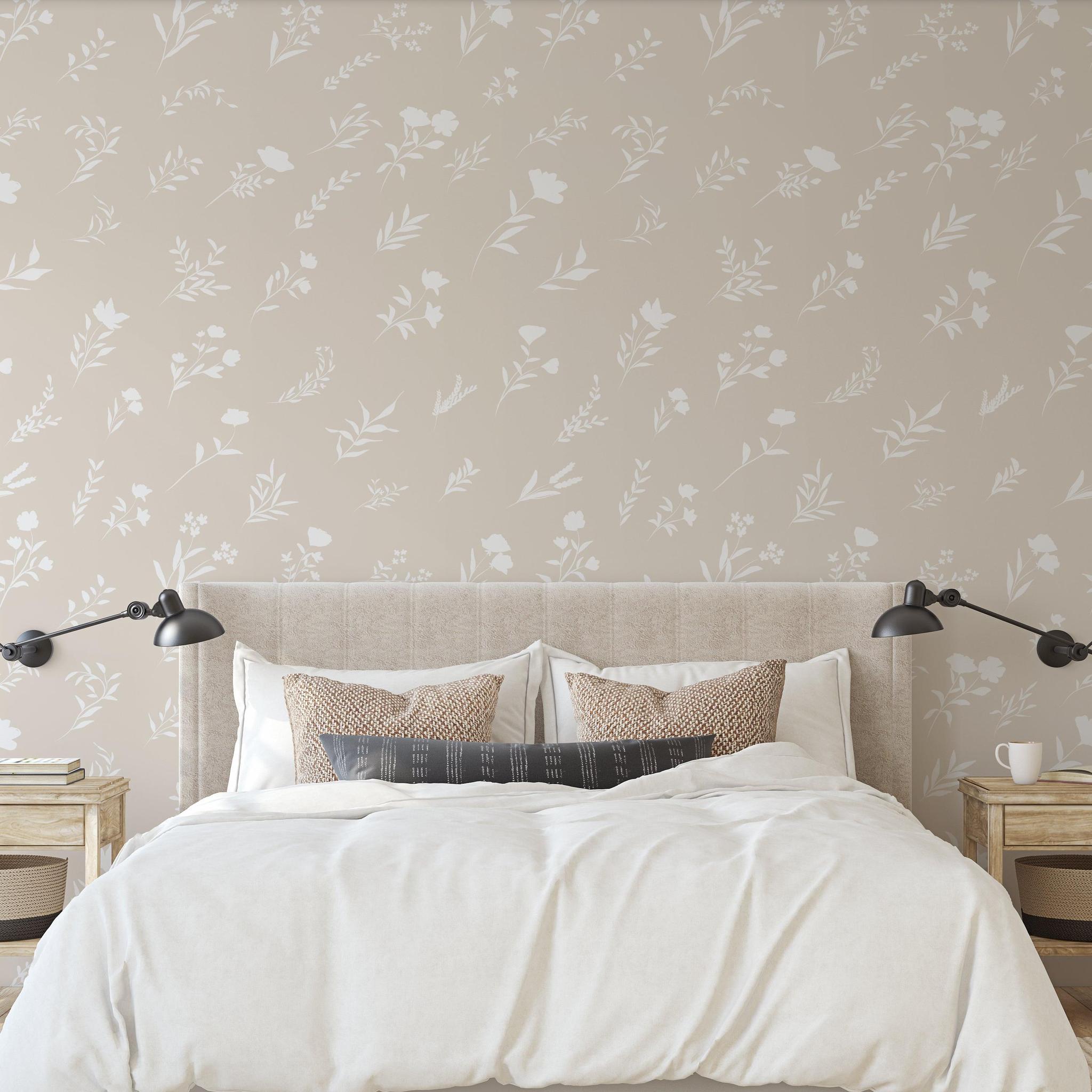 Elegant Grace Wallpaper by Wall Blush showcasing in a neutral bedroom, making it the focal point.