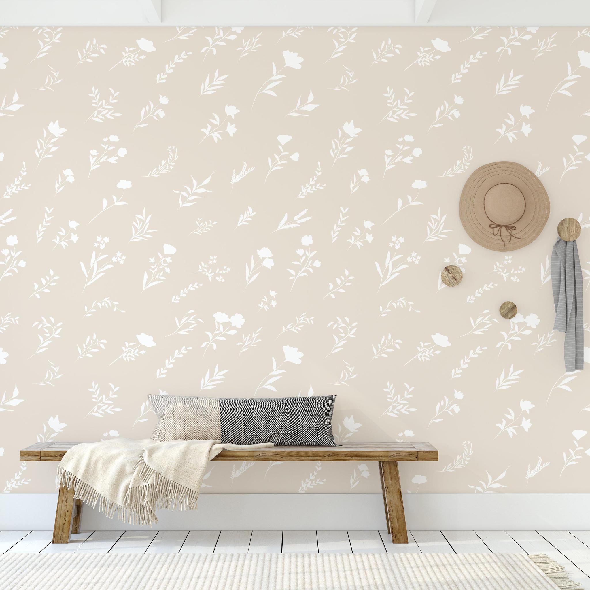 Grace Wallpaper by Wall Blush in minimalist room, with bench and decor highlighting elegant wallpaper design.