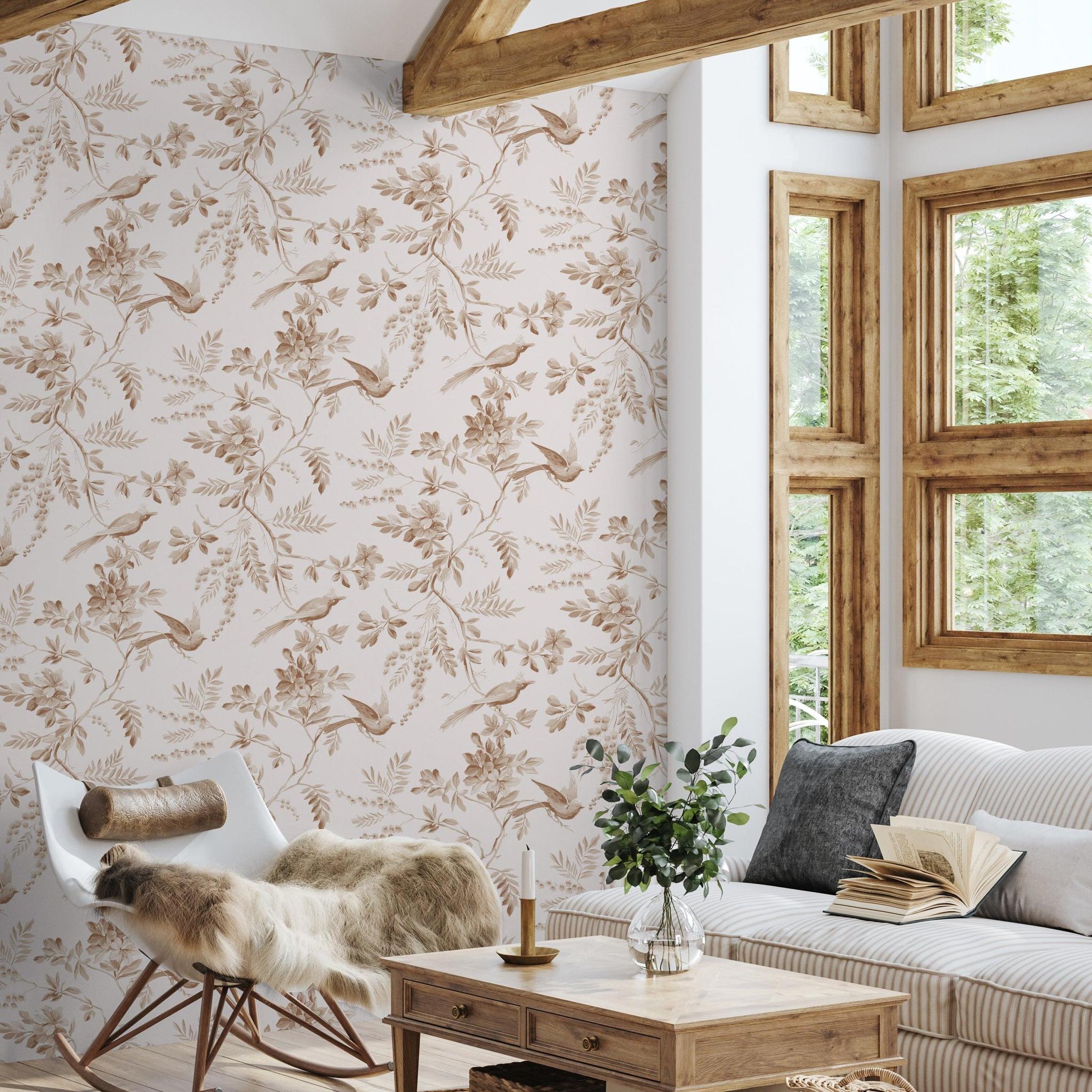 Pemberly floral wallpaper from Wall Blush AW01 in cozy living room setting, highlighting elegant wall decor.