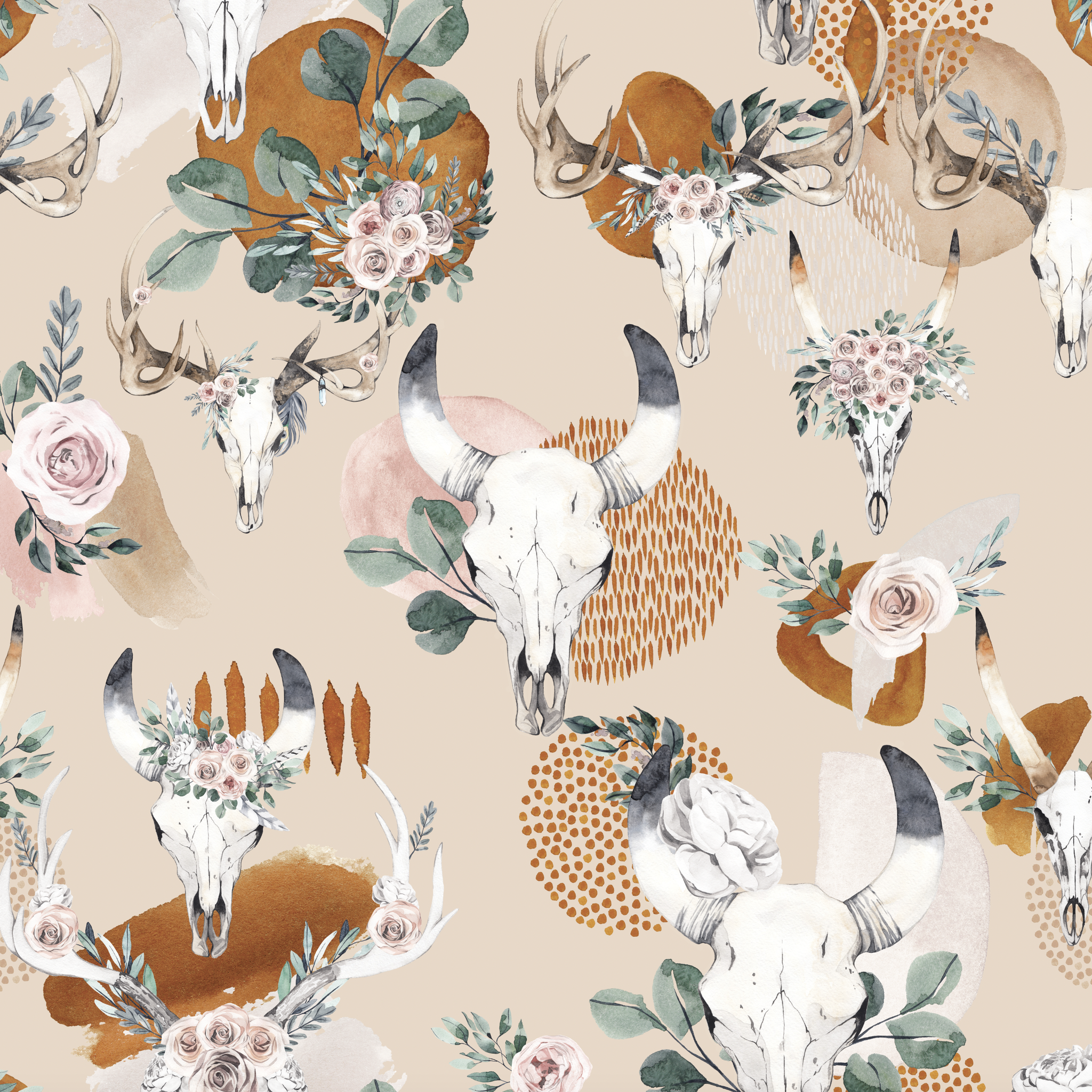 Desert Rose Wallpaper by The Chelsea DeBoer Line, showcasing bohemian style in a living room setting.