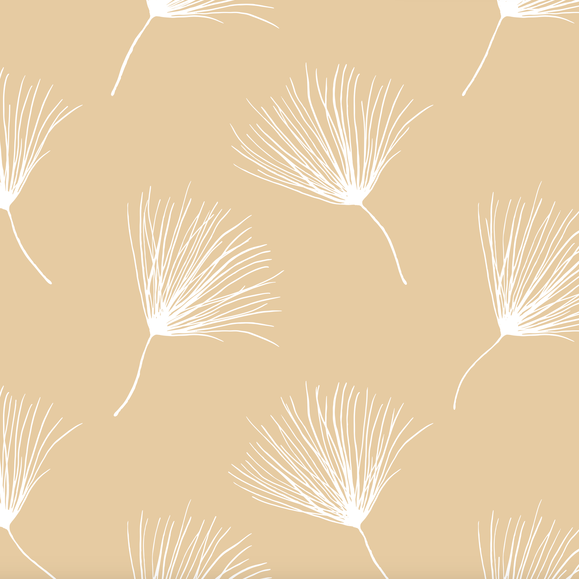 Wish Wallpaper from The Minty Line in beige with white floral pattern, for a modern living room ambiance.