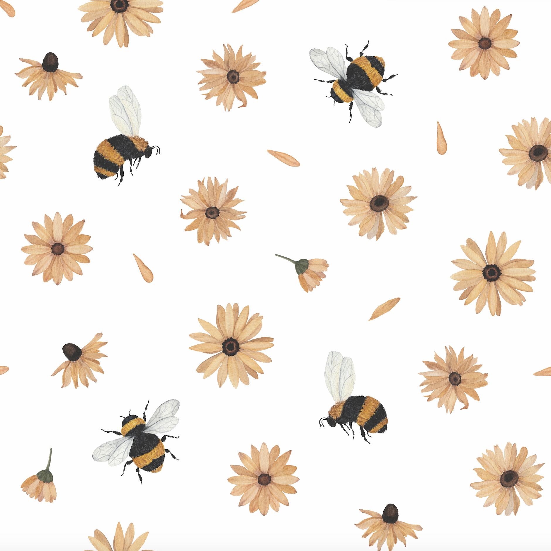 Wall Blush Bumble (White) Wallpaper with floral and bee design for a chic, modern living room.