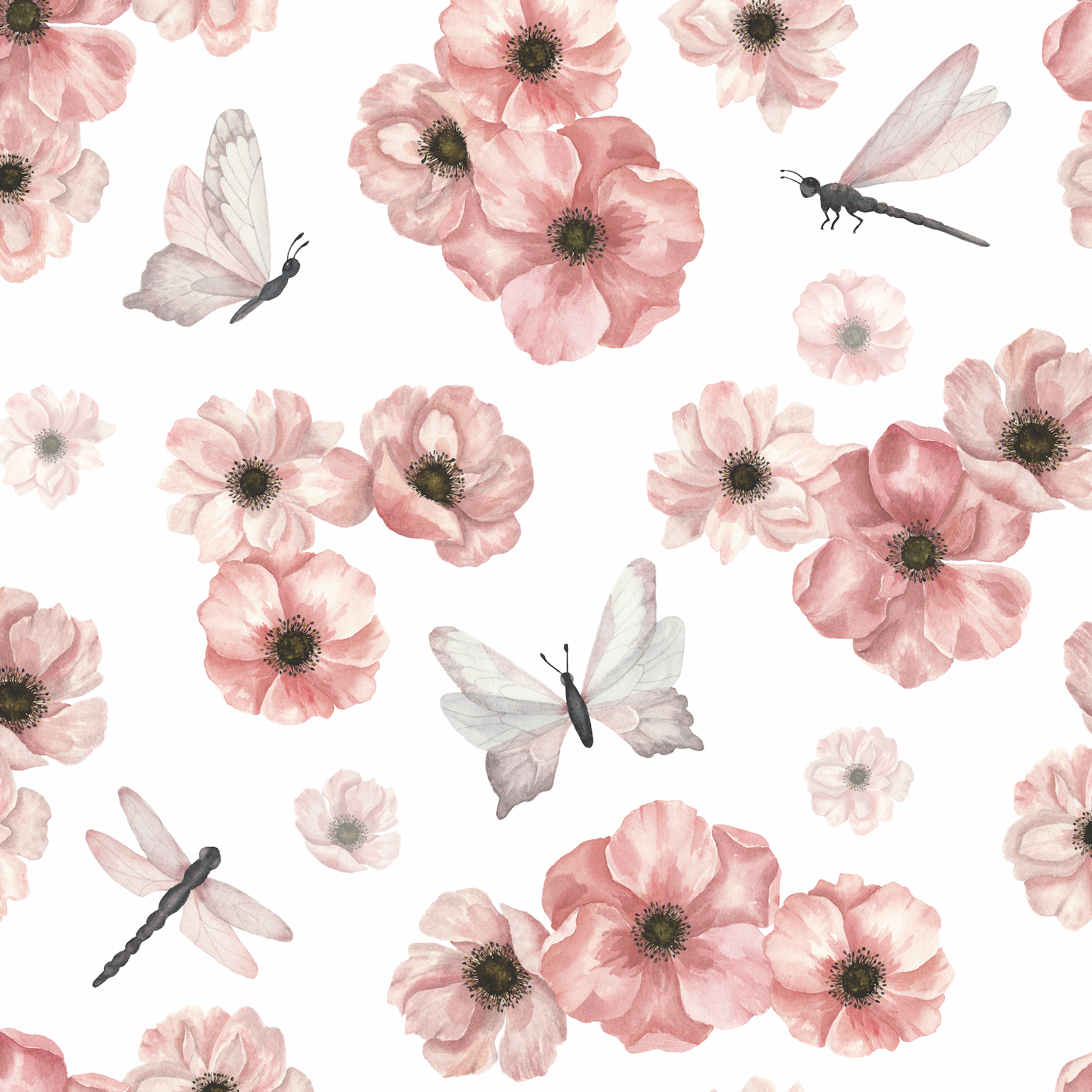 Wall Blush Dragonlily (White) Wallpaper featuring pink flowers and dragonflies in a well-lit bedroom setting.