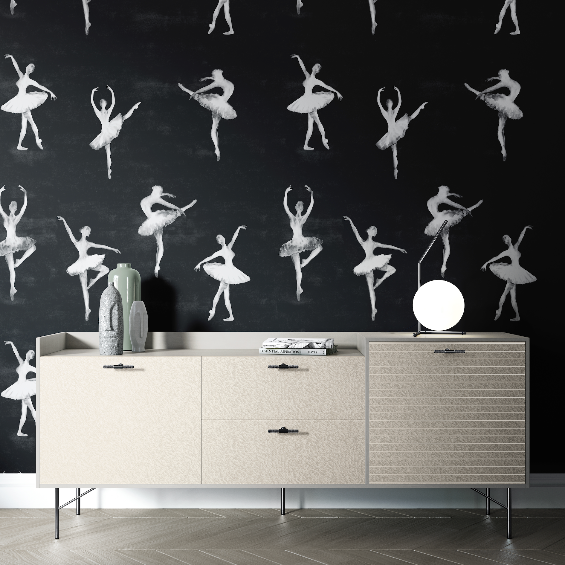 Wall Blush's Attitude Pattern Edition Wallpaper featuring ballet dancers in a modern living room.