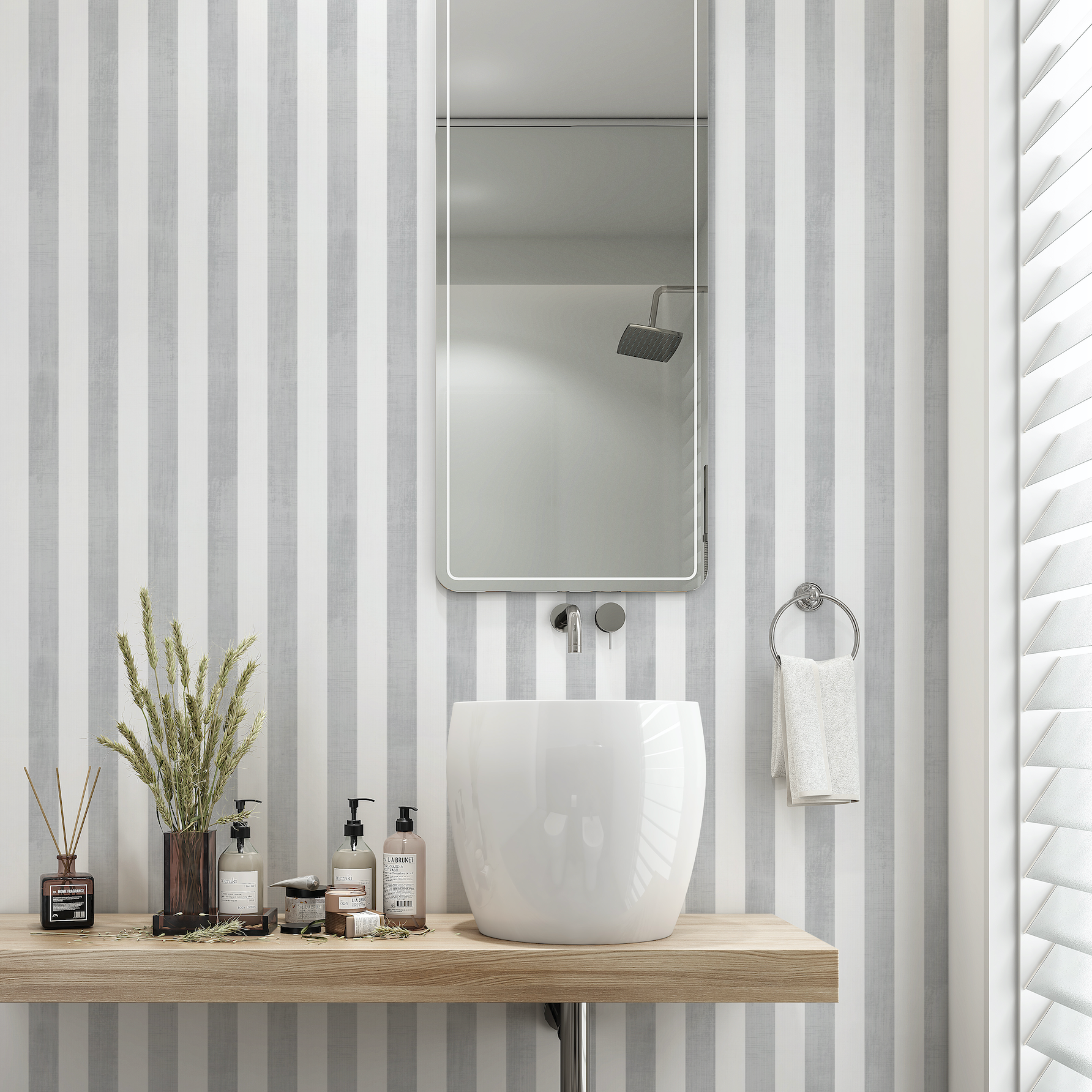 Modern bathroom featuring Gabbandra Stripes Wallpaper by The 7th Haven Interiors Line, highlighting the wall design.