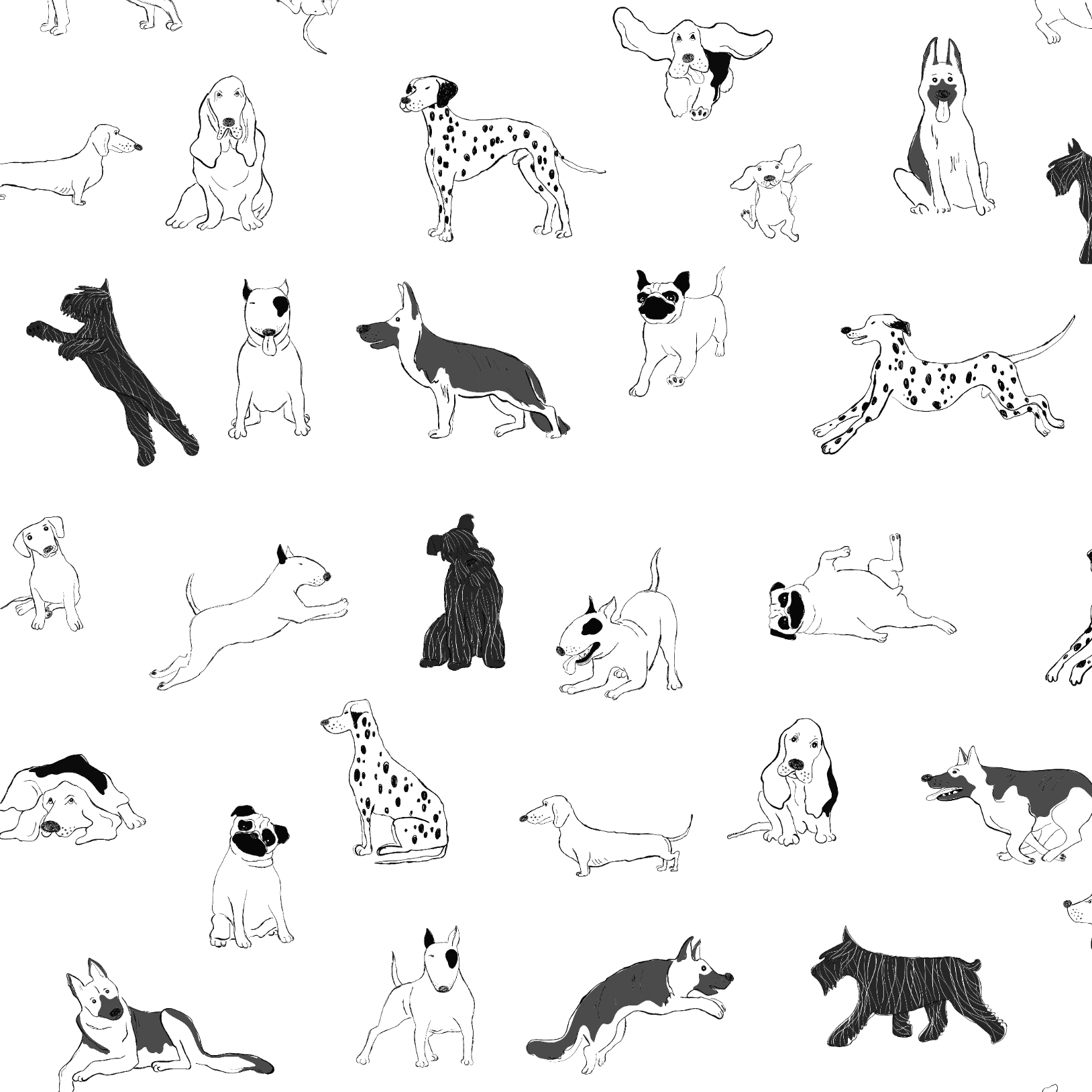 Wall Blush Puppy Love Wallpaper pattern showcasing various dog illustrations, ideal for a modern nursery room wall.