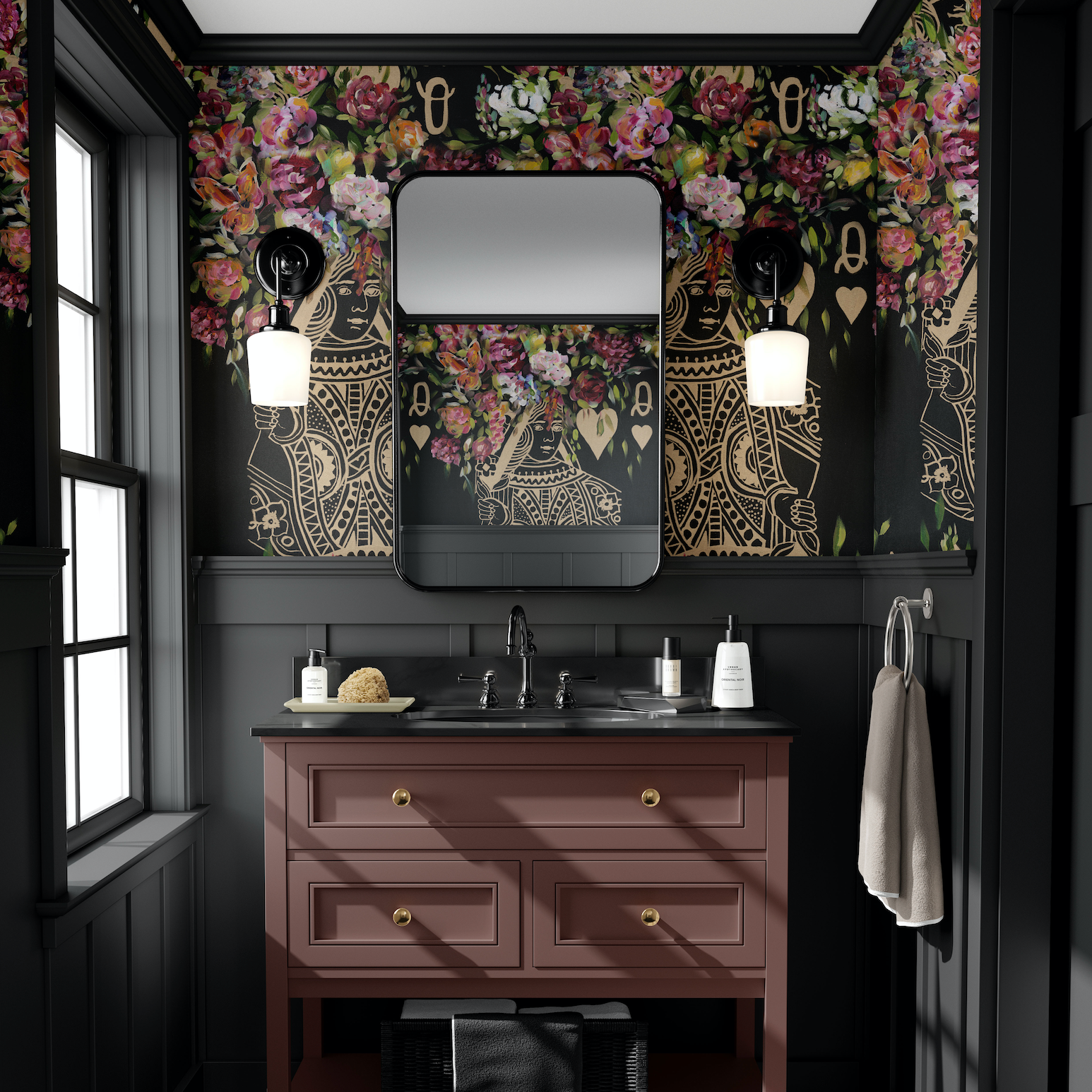 Solitaire Wallpaper by The Katie Small Line enhancing the elegance of a modern bathroom decor.