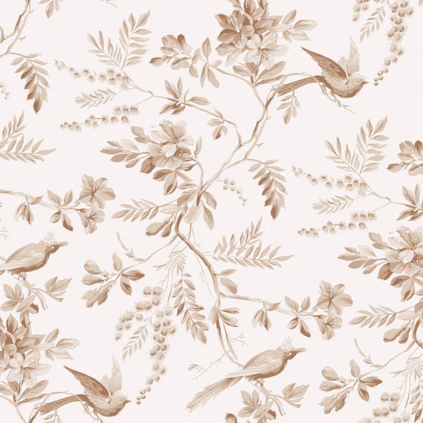 Pemberly pattern wallpaper from Wall Blush AW01, featuring birds and florals for a living room focus.