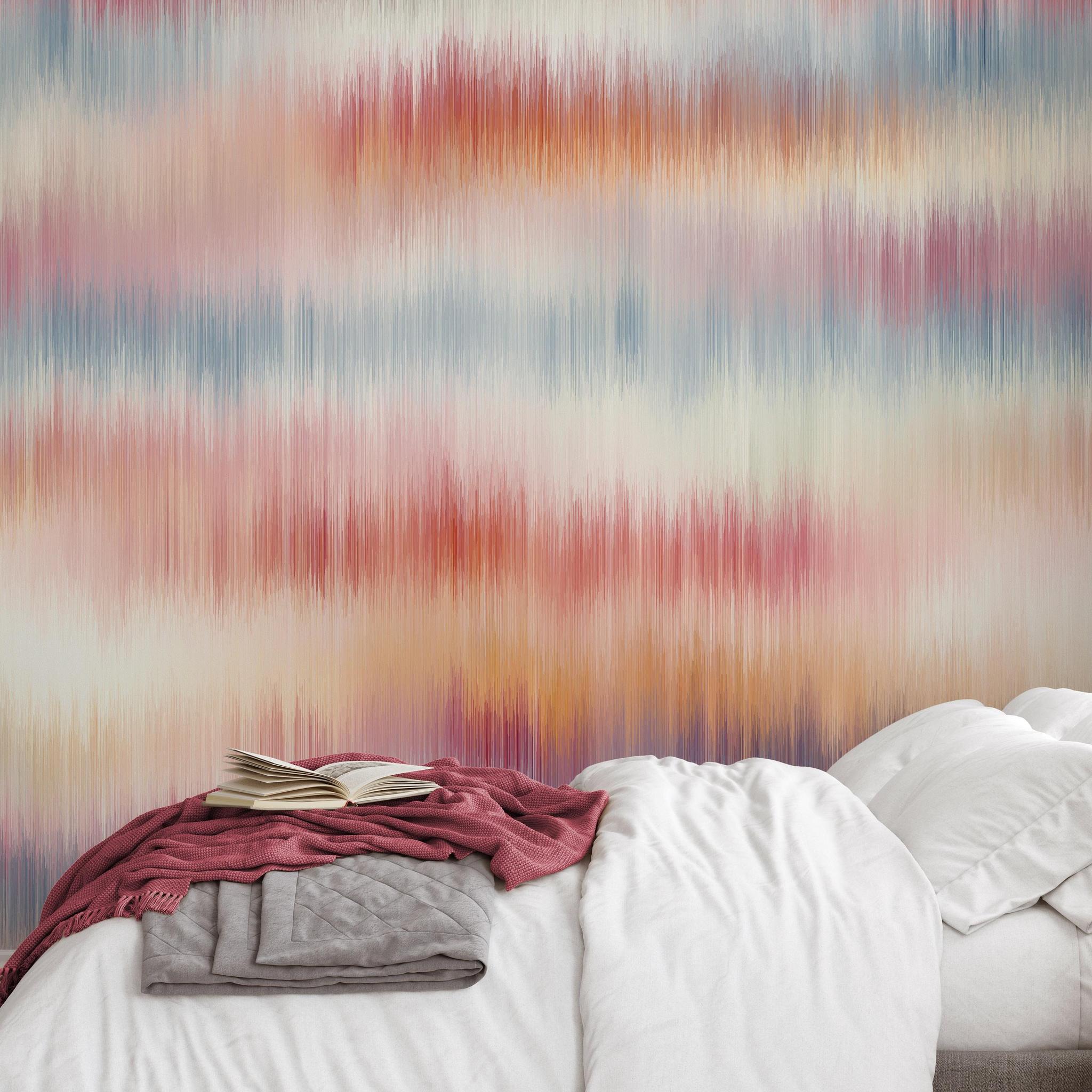 Cozy bedroom featuring Wall Blush SG02 Summer Wallpaper with warm color brush strokes.