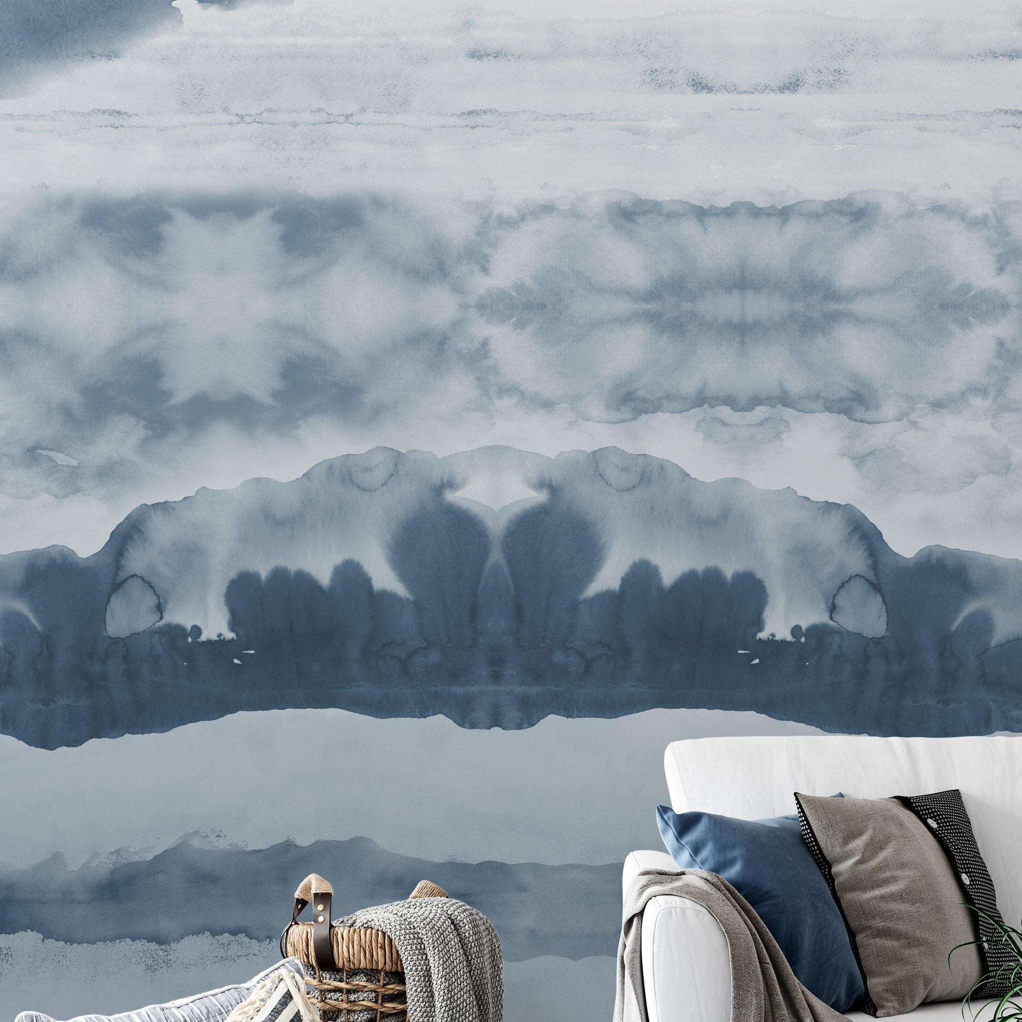 The Wembly Wallpaper by Wall Blush in a stylish living room, elegant blue watercolor design.