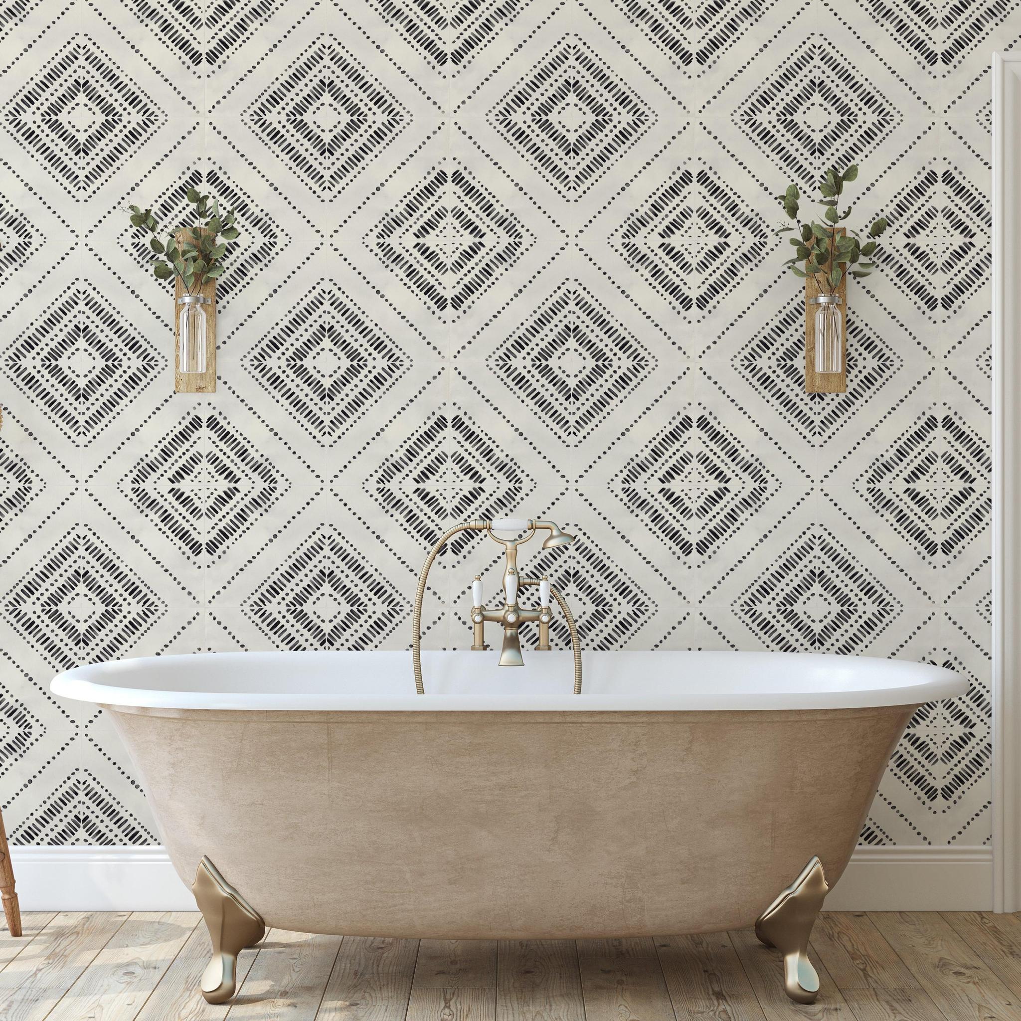 Anomaly Wallpaper by The Clements Crew Line enhancing a modern bathroom's aesthetic.