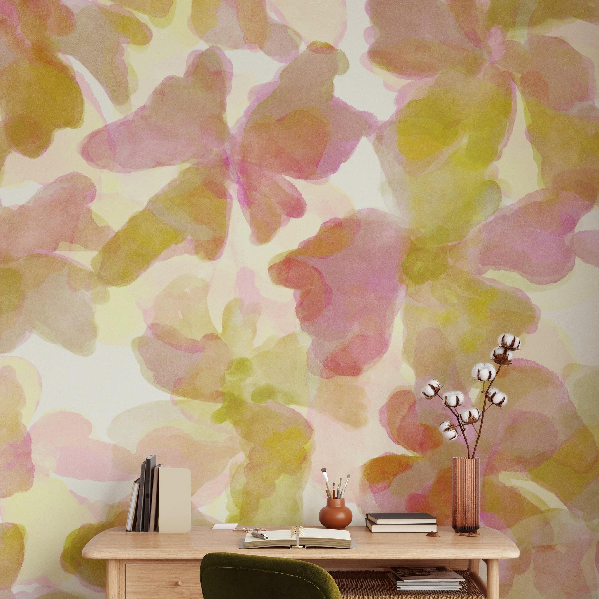 Wallpaper focus in a study room with Time of My Life design by Wall Blush SG02, showcasing colorful floral patterns.