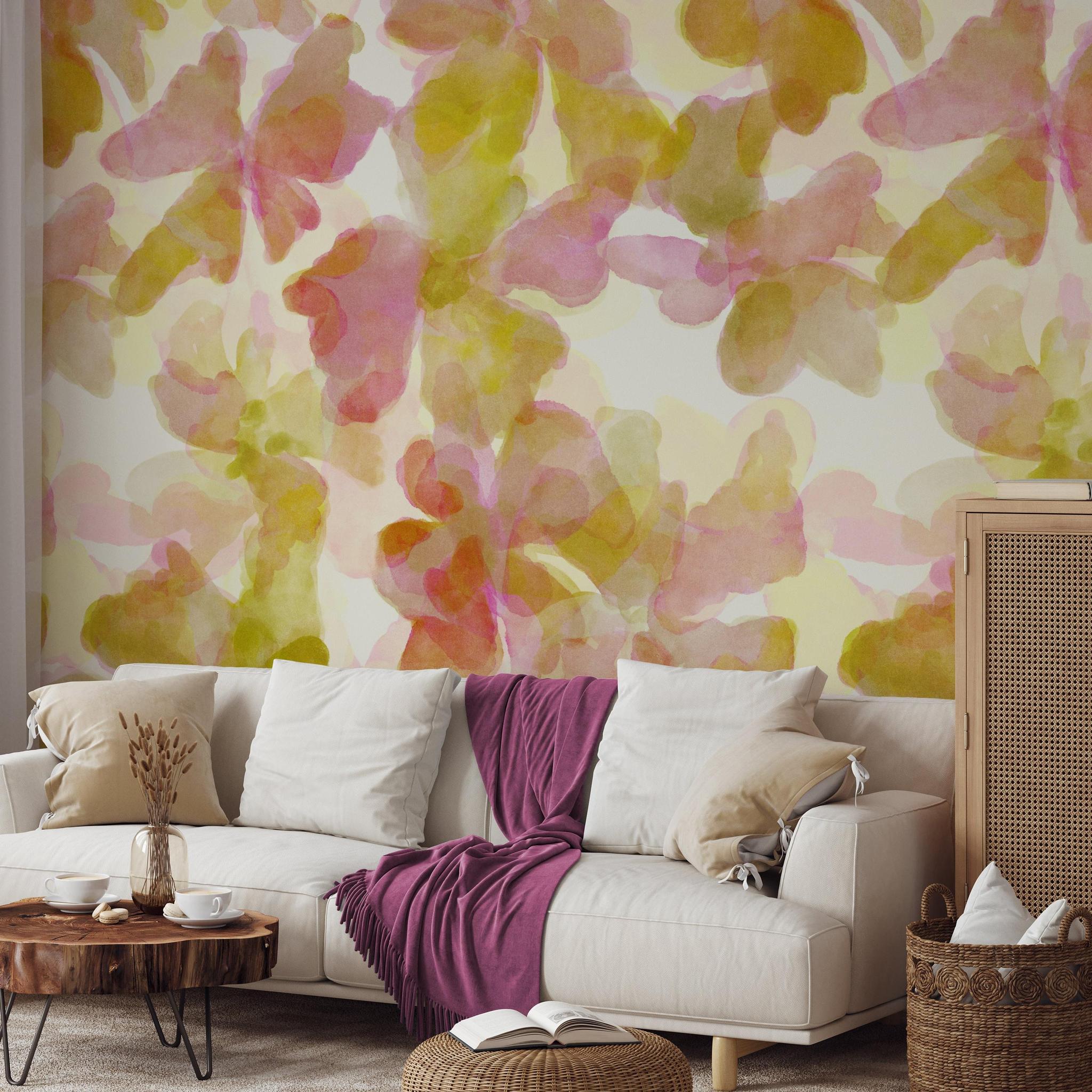 Living room featuring Time of My Life Wallpaper by Wall Blush SG02, with a colorful abstract design.