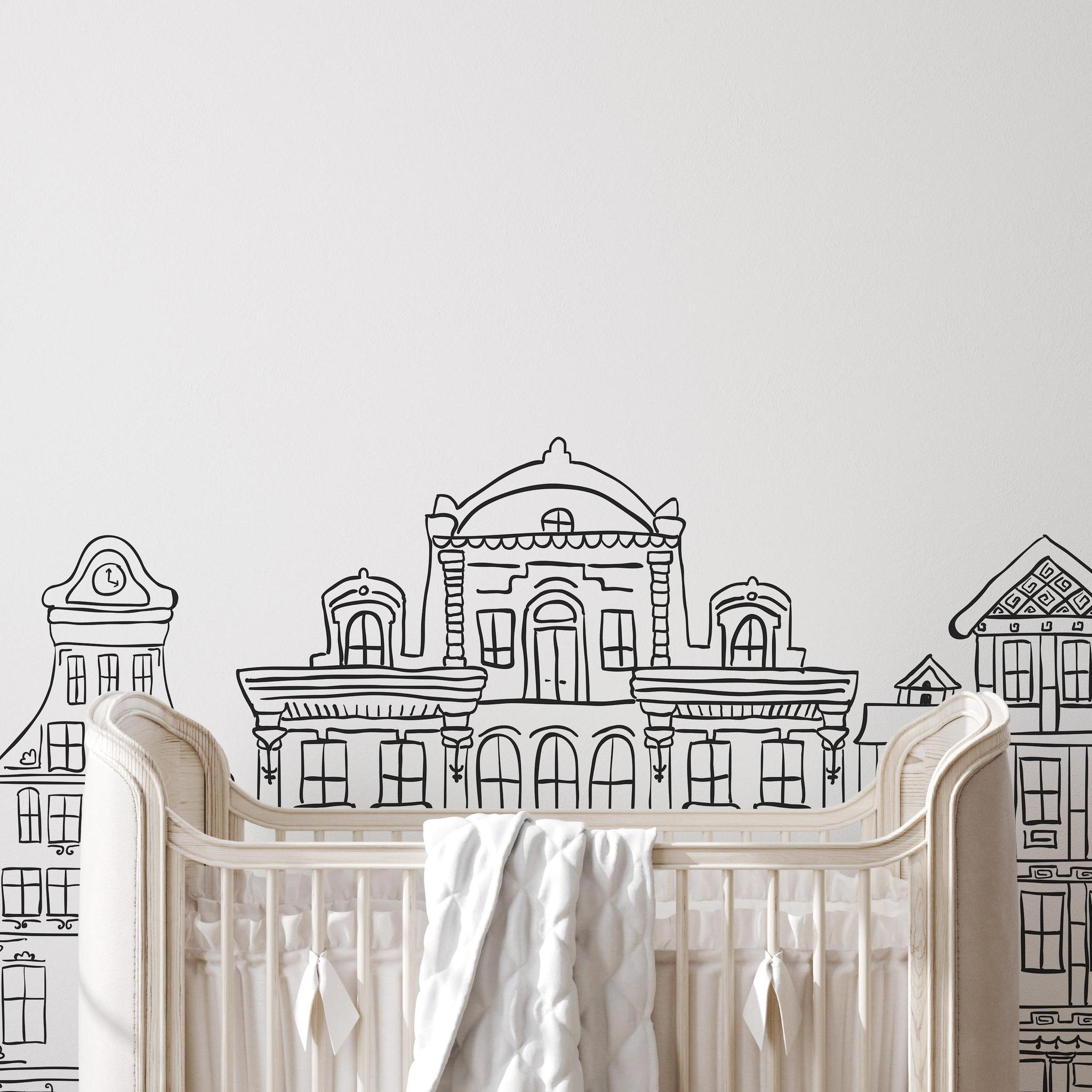 Madeline (White) Wallpaper by Wall Blush in elegant nursery, black and white building illustrations.