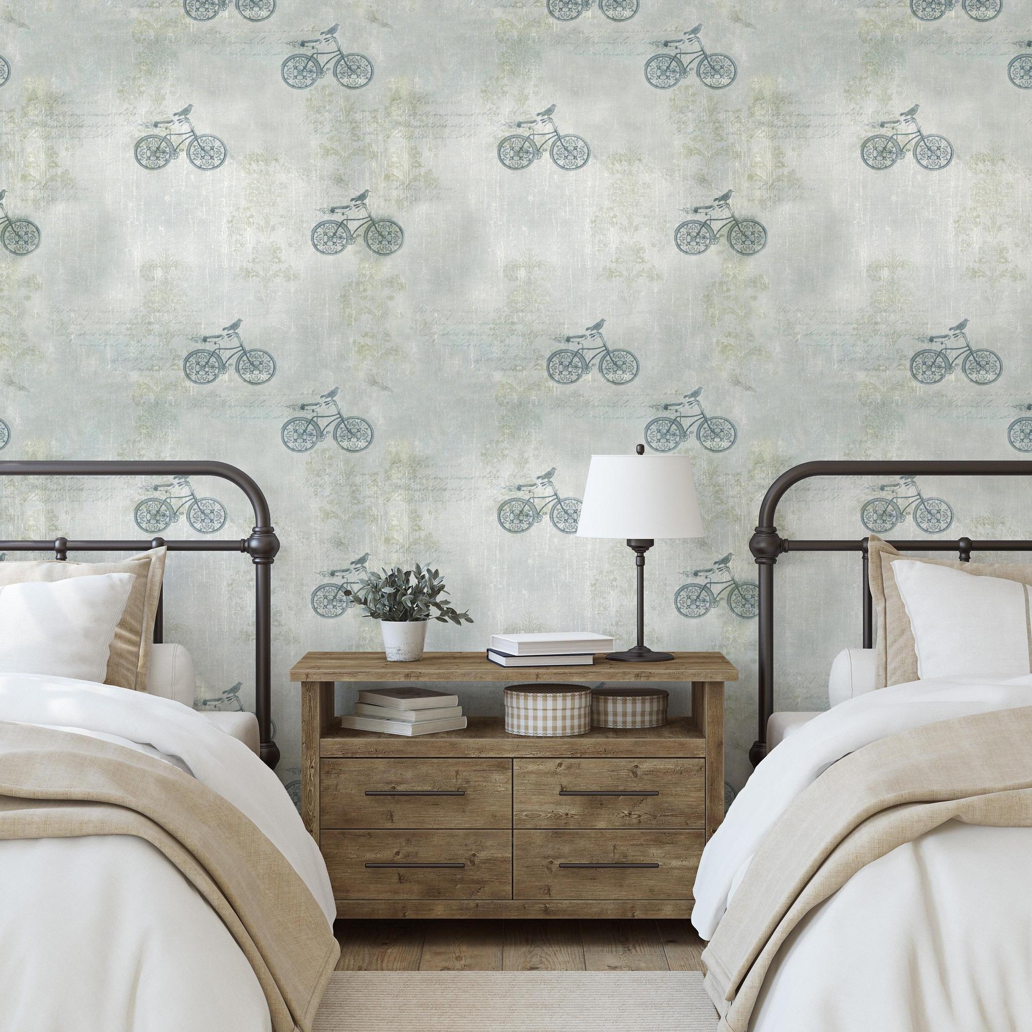 Blue J's Wallpaper by The 7th Haven Interiors Line in a well-appointed bedroom with vintage aesthetic focus.