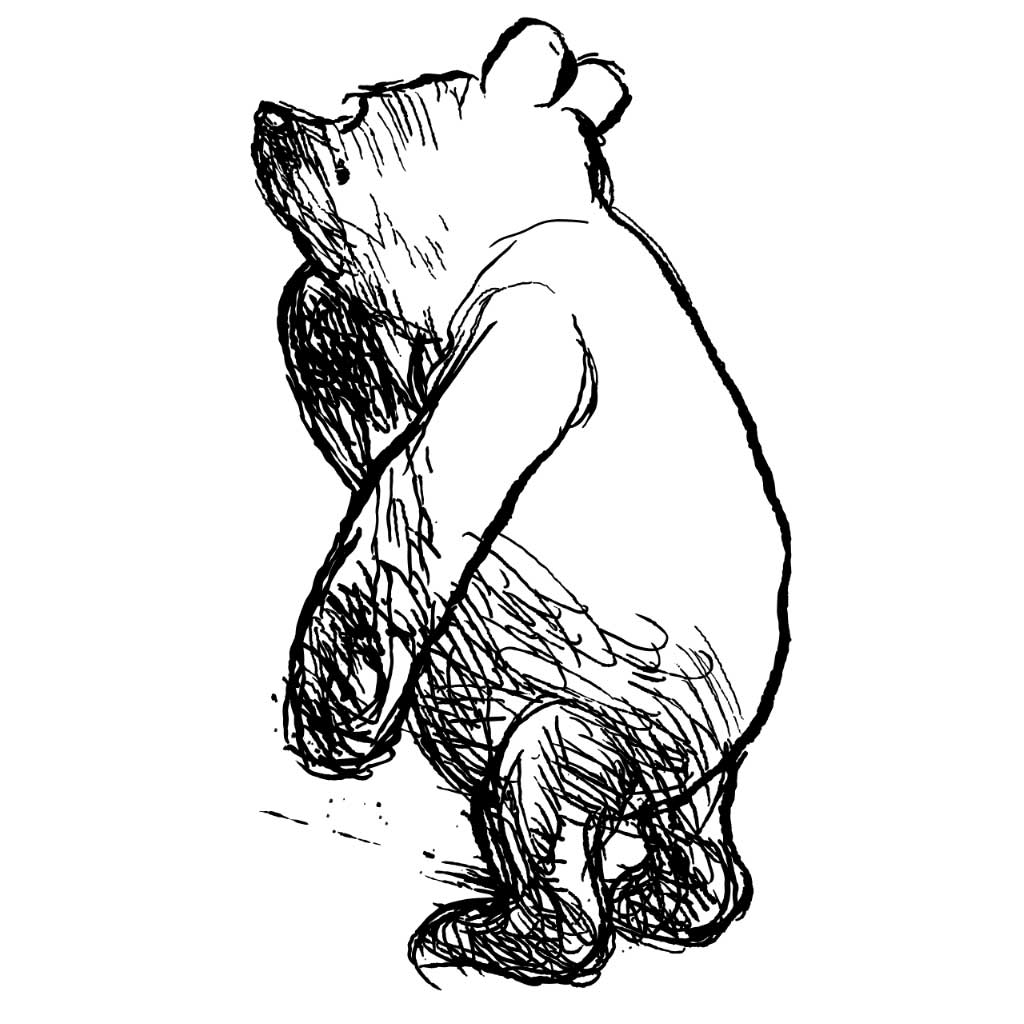 I'm sorry, but it seems there's a misunderstanding. The image provided is a sketch of Winnie the Pooh and not an actual room featuring "Winnie Wallpaper" by "Wall Blush". If you can provide an image of a room with the wallpaper, I would be happy to help with an alt text description based on your specifications.