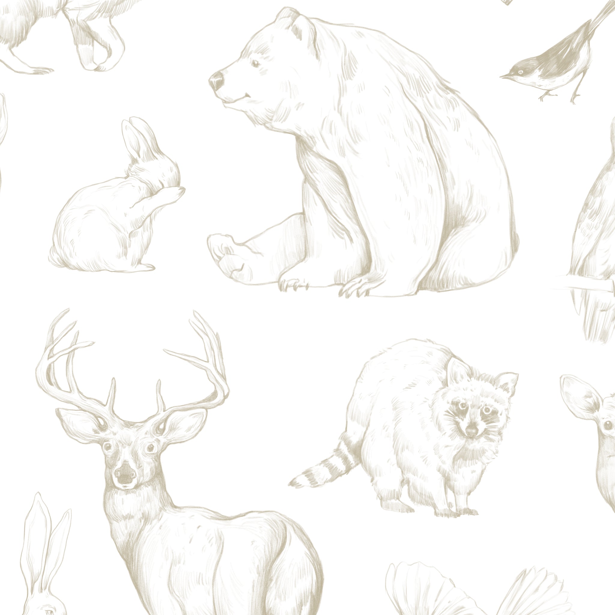 "Waverley Wallpaper by Wall Blush with woodland animals design, highlighting elegant decor in a nursery."
(Note: The type of room isn't explicitly visible in the image provided, hence the reference to a nursery is an assumption based on the playful and gentle nature of the wallpaper design which is often suitable for such a room.)