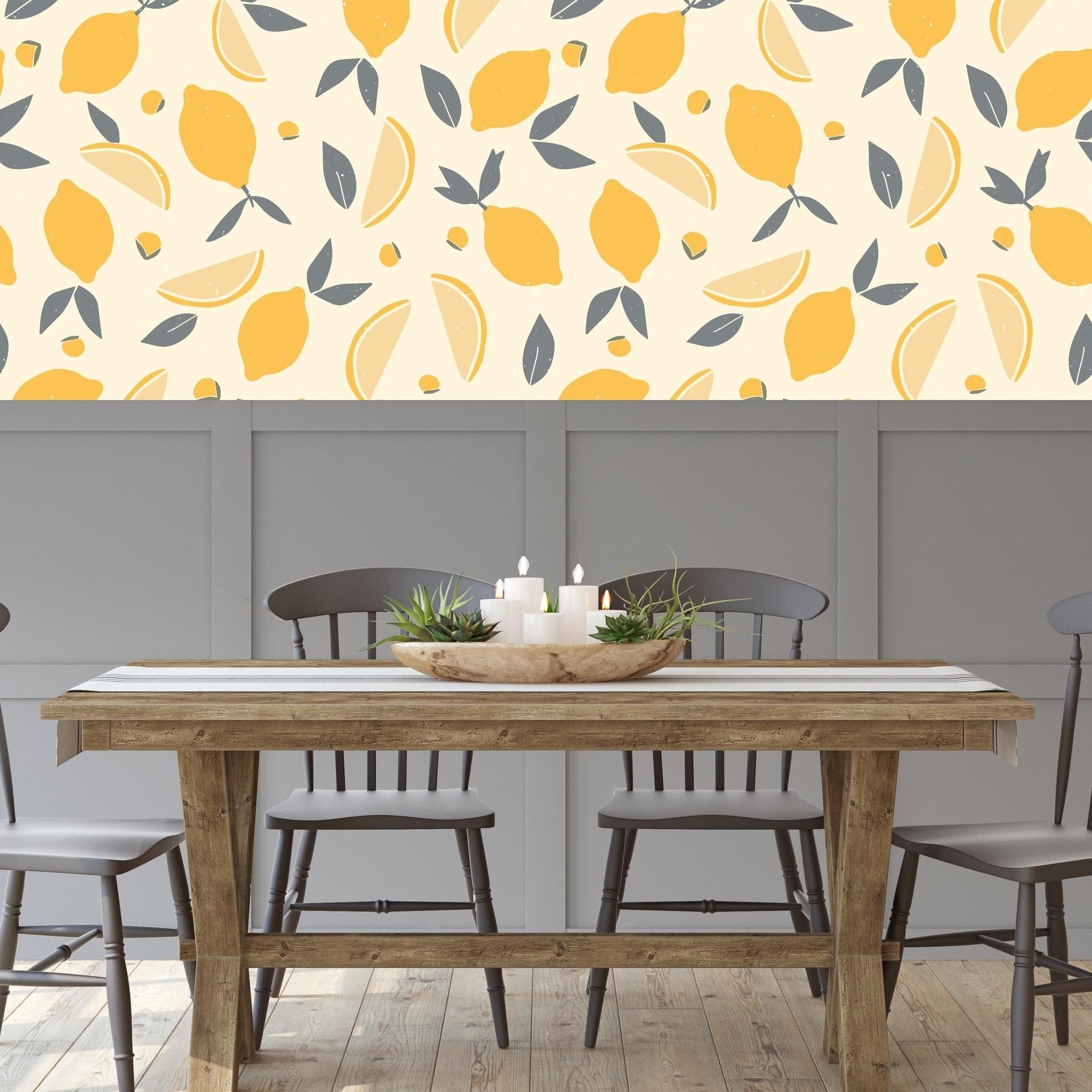 Lemmy Wallpaper by Wall Blush with citrus design in a modern dining room, enhancing room aesthetics.