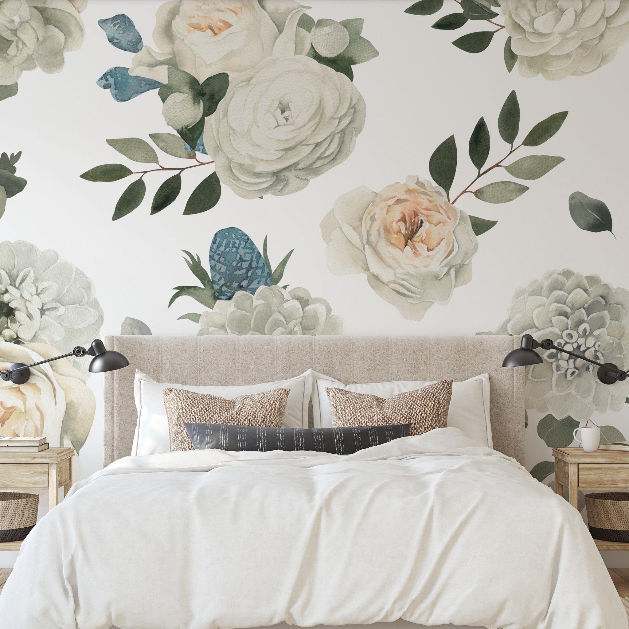 Contemporary bedroom featuring 'Sidney With Love Wallpaper' from The Tamra Judge Line, highlighting elegant floral design.