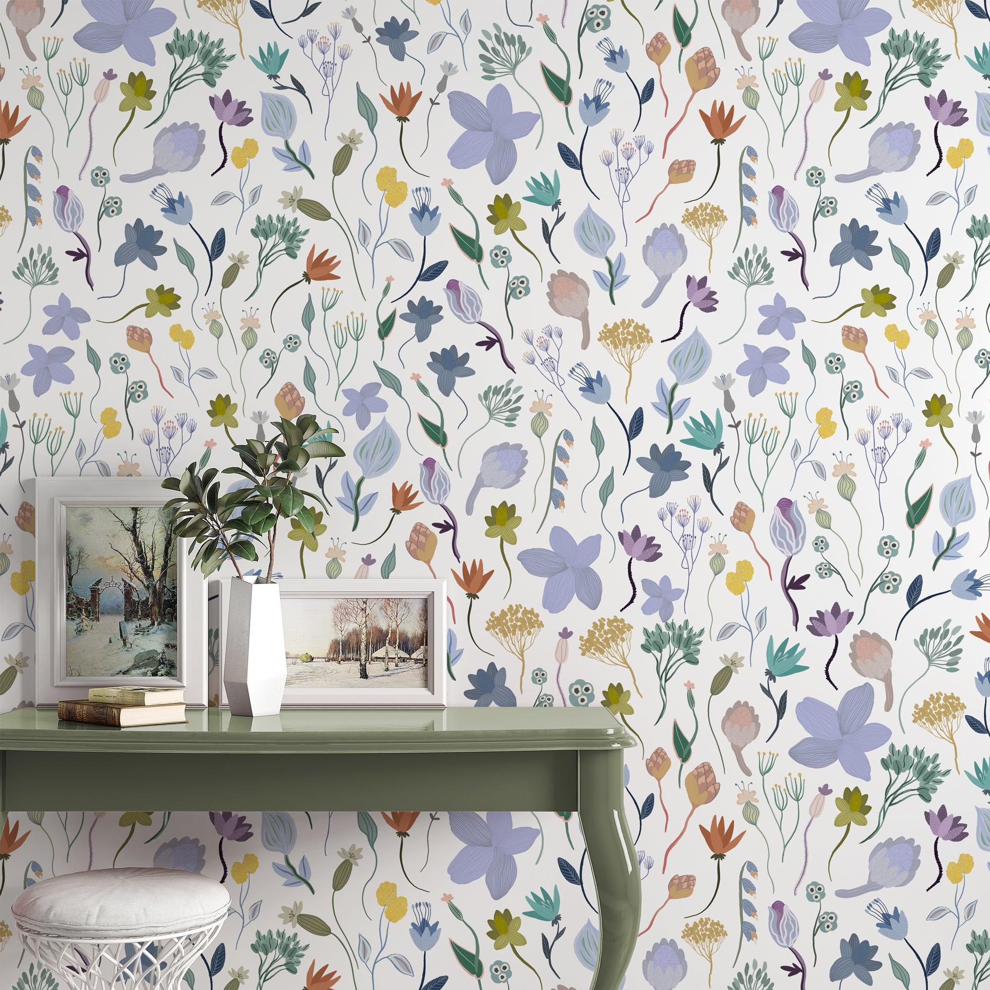 Ava Wallpaper by Wall Blush SG02 with floral pattern in a stylishly designed home office space.