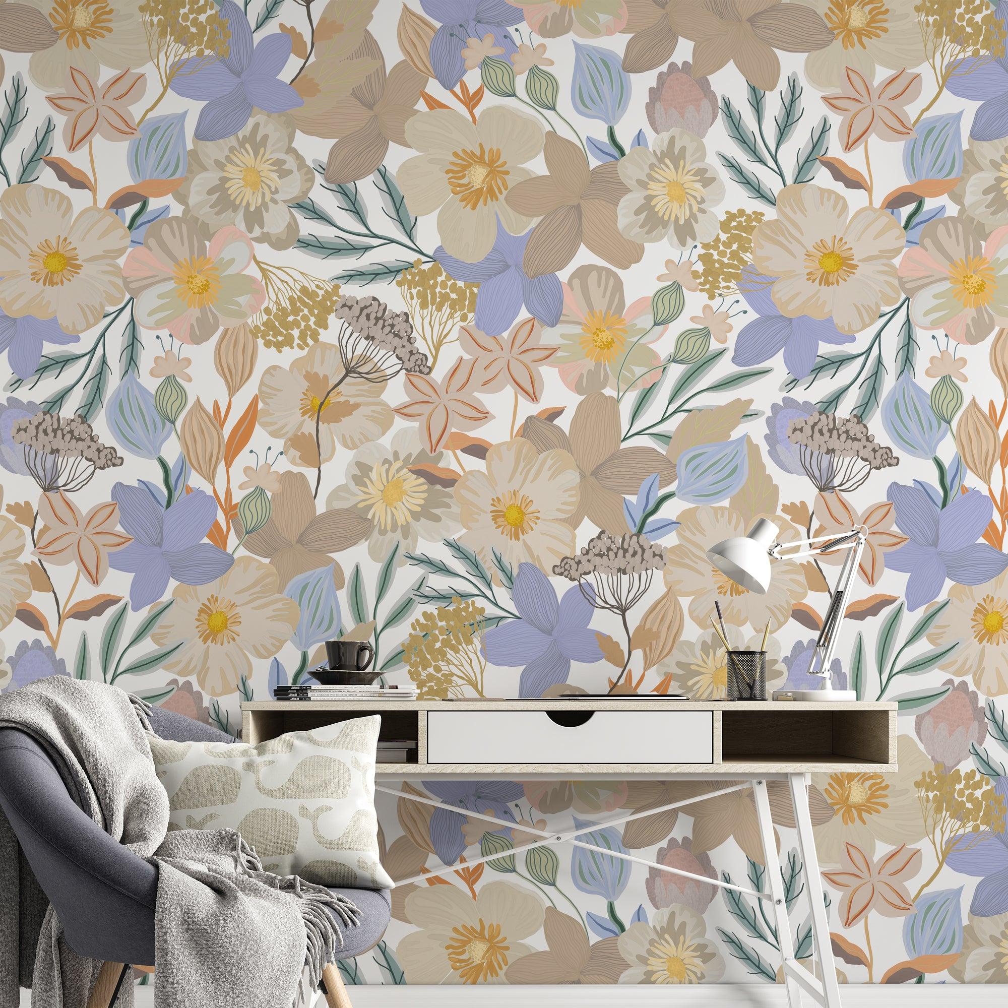 Aurora Wallpaper by Wall Blush SG02 brightens a cozy home office with floral design focus.