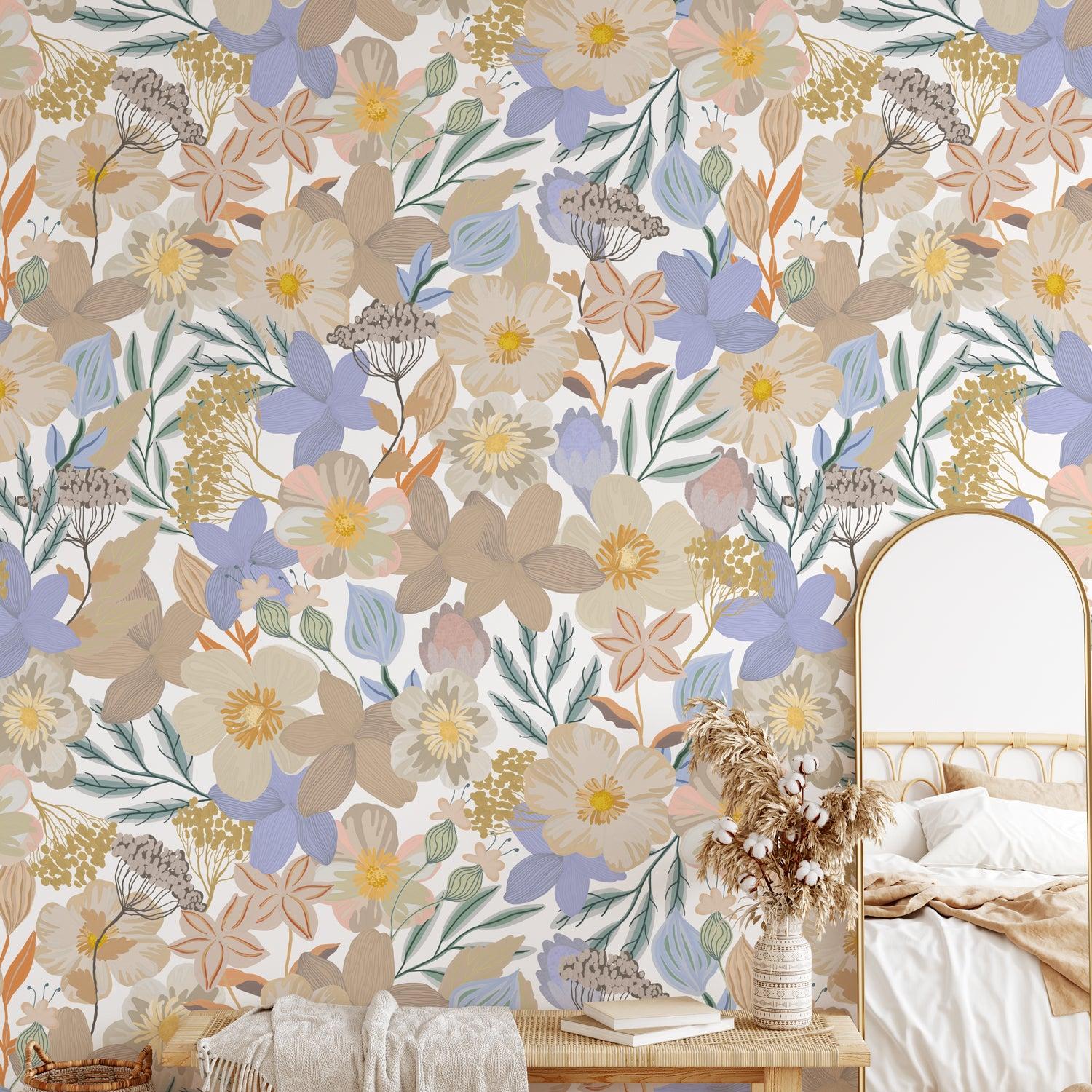 Aurora Wallpaper by Wall Blush SG02 enhancing a cozy bedroom interior with its floral design.