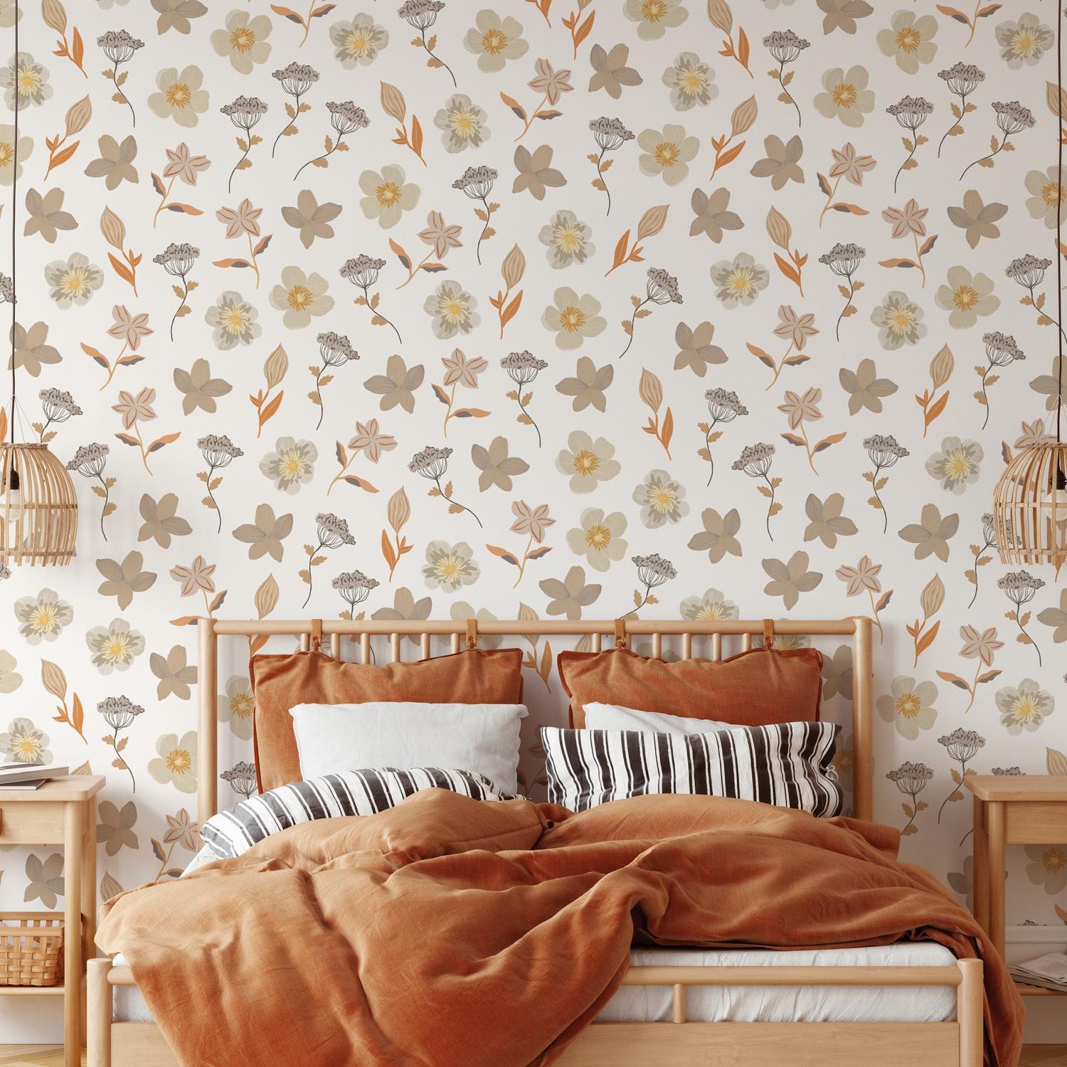 Aria Wallpaper by Wall Blush SG02 showcased in stylish bedroom, warm floral design on feature wall.