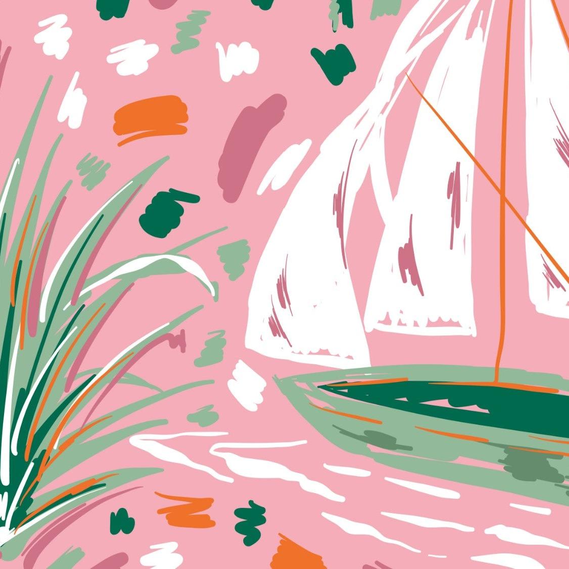 Alt: Vera Wallpaper by Wall Blush SG02 in a vibrant living room setting, showcasing an abstract pink and green design.