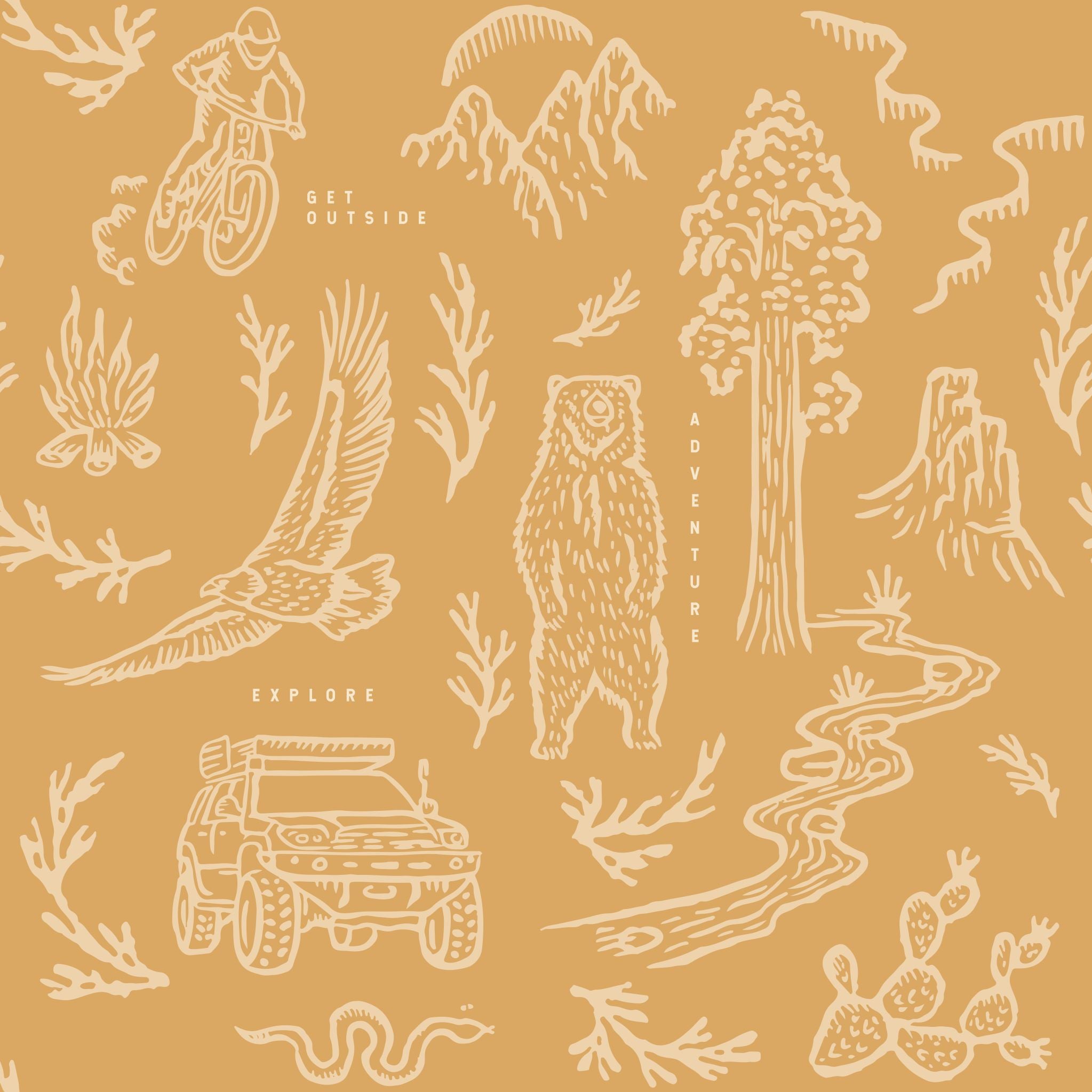 "Wall Blush 'Adventure Awaits (Orange) Wallpaper' in a cozy room, focusing on the vibrant outdoor-themed design."