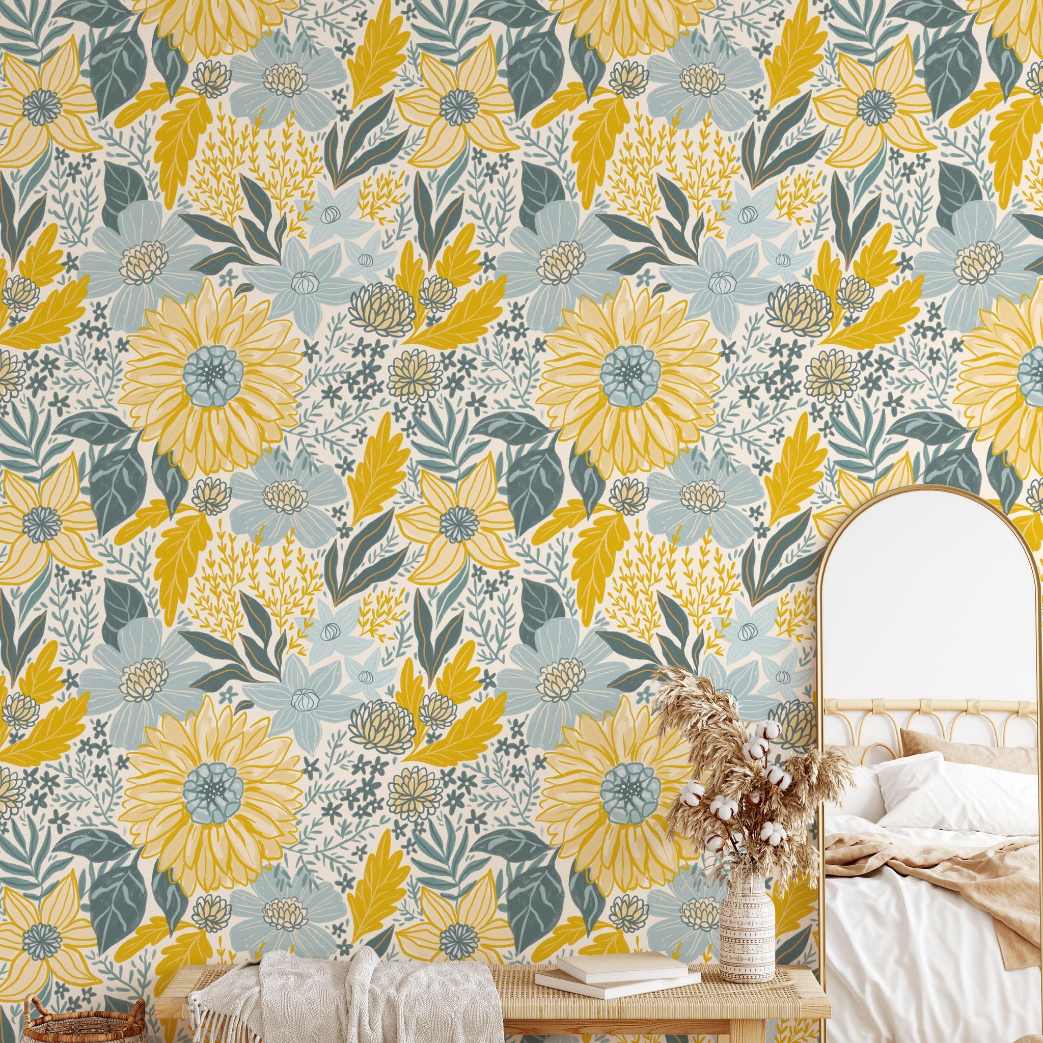 Amelia Wallpaper by Wall Blush enhancing a cozy bedroom with vibrant floral patterns, focused on wall design.