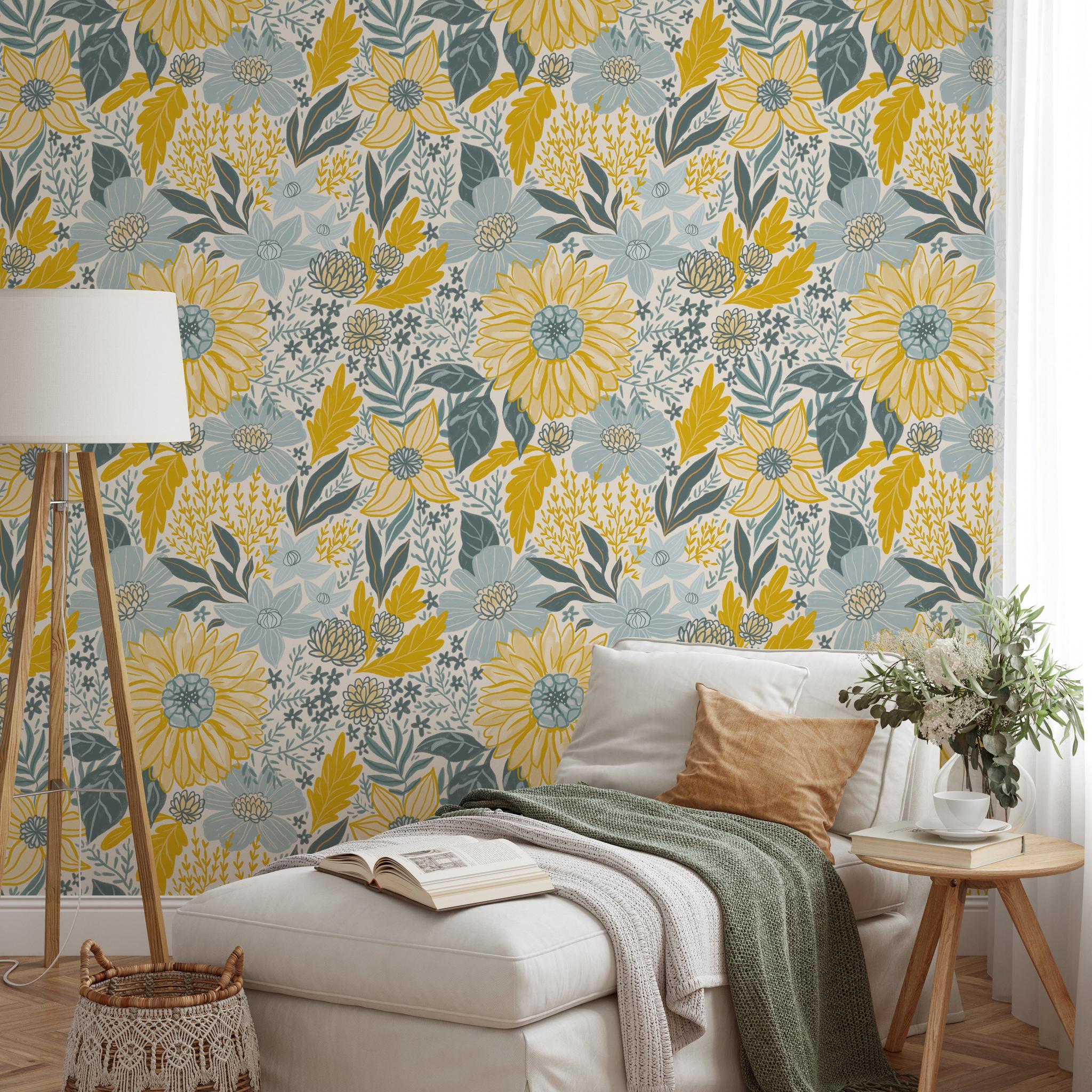 "Amelia Wallpaper by Wall Blush in cozy living room setting, with floral patterns enhancing home decor focus."
