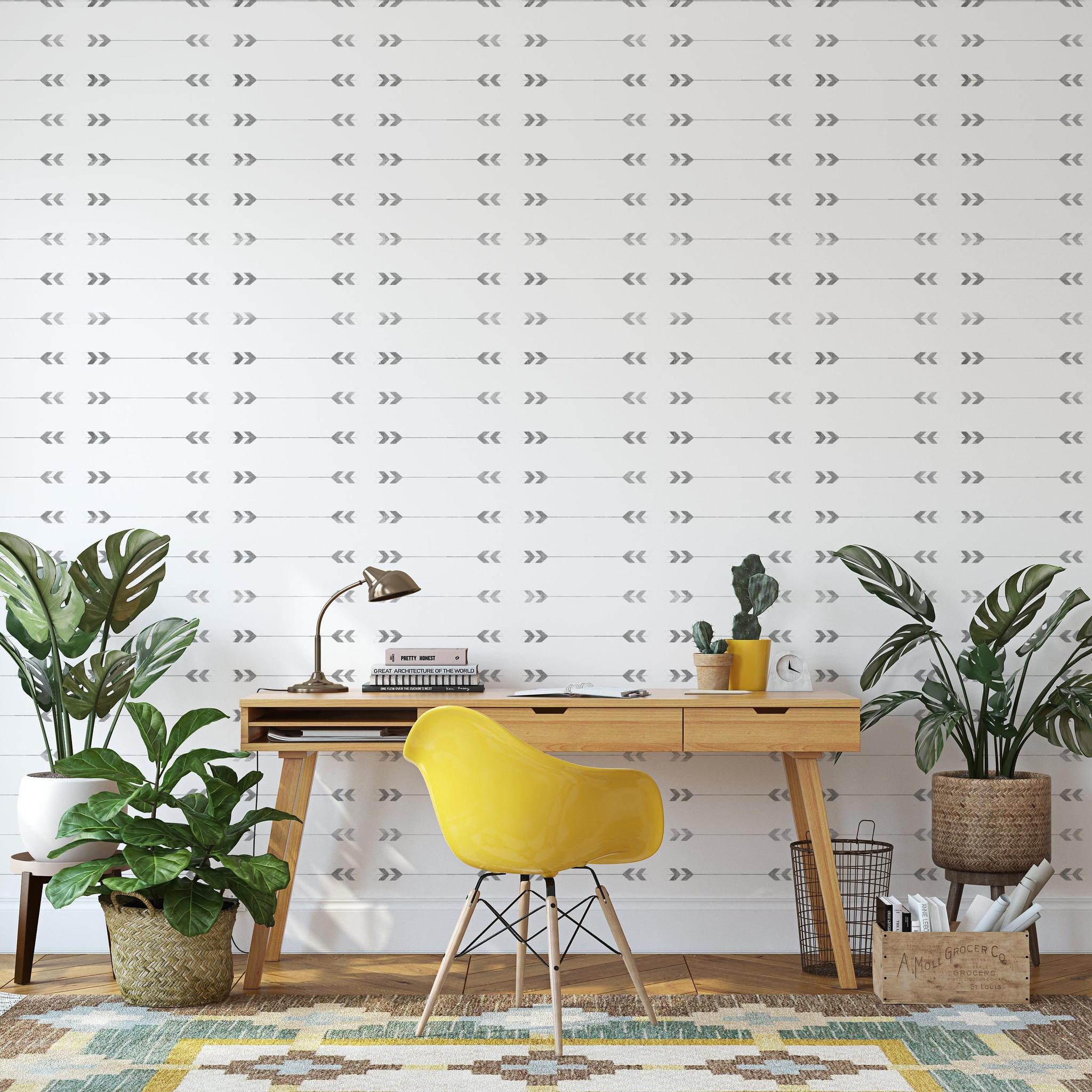 Archer Wallpaper from The Chelsea DeBoer Line showcased in a stylish home office setup.