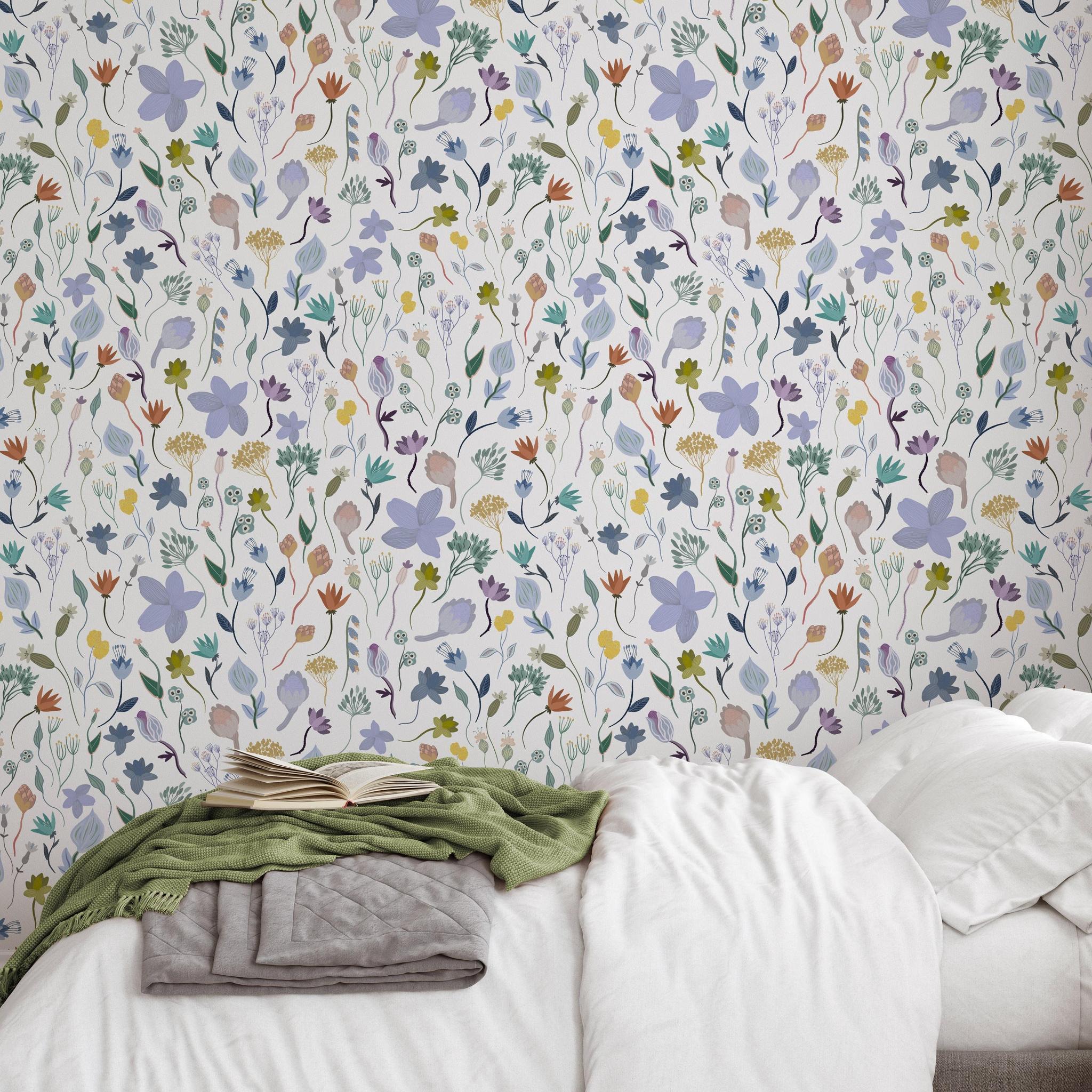 Ava Wallpaper by Wall Blush SG02 in a cozy, stylish bedroom with floral design focus.