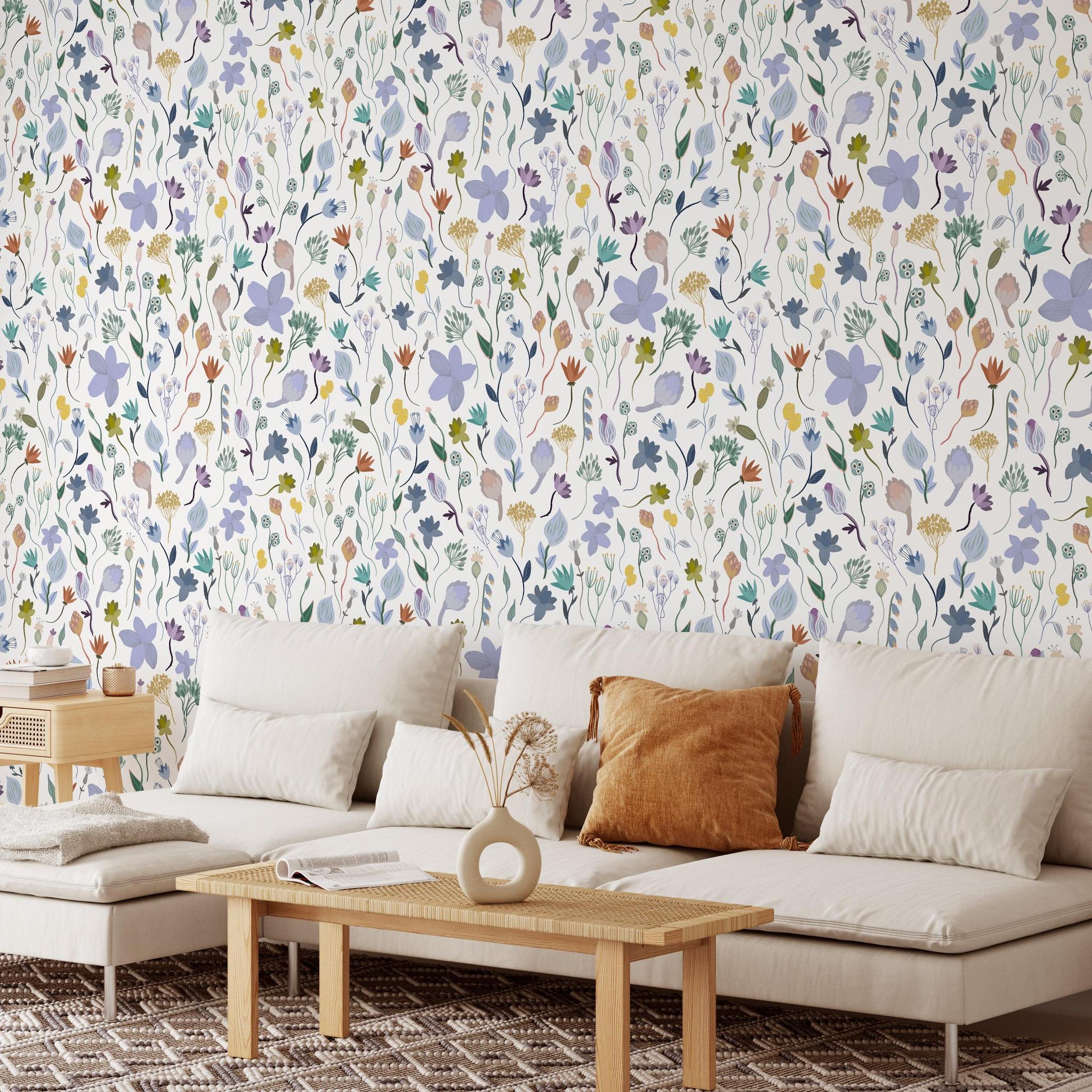 Ava Wallpaper by Wall Blush SG02 in a stylish living room, with floral design as the main focus.