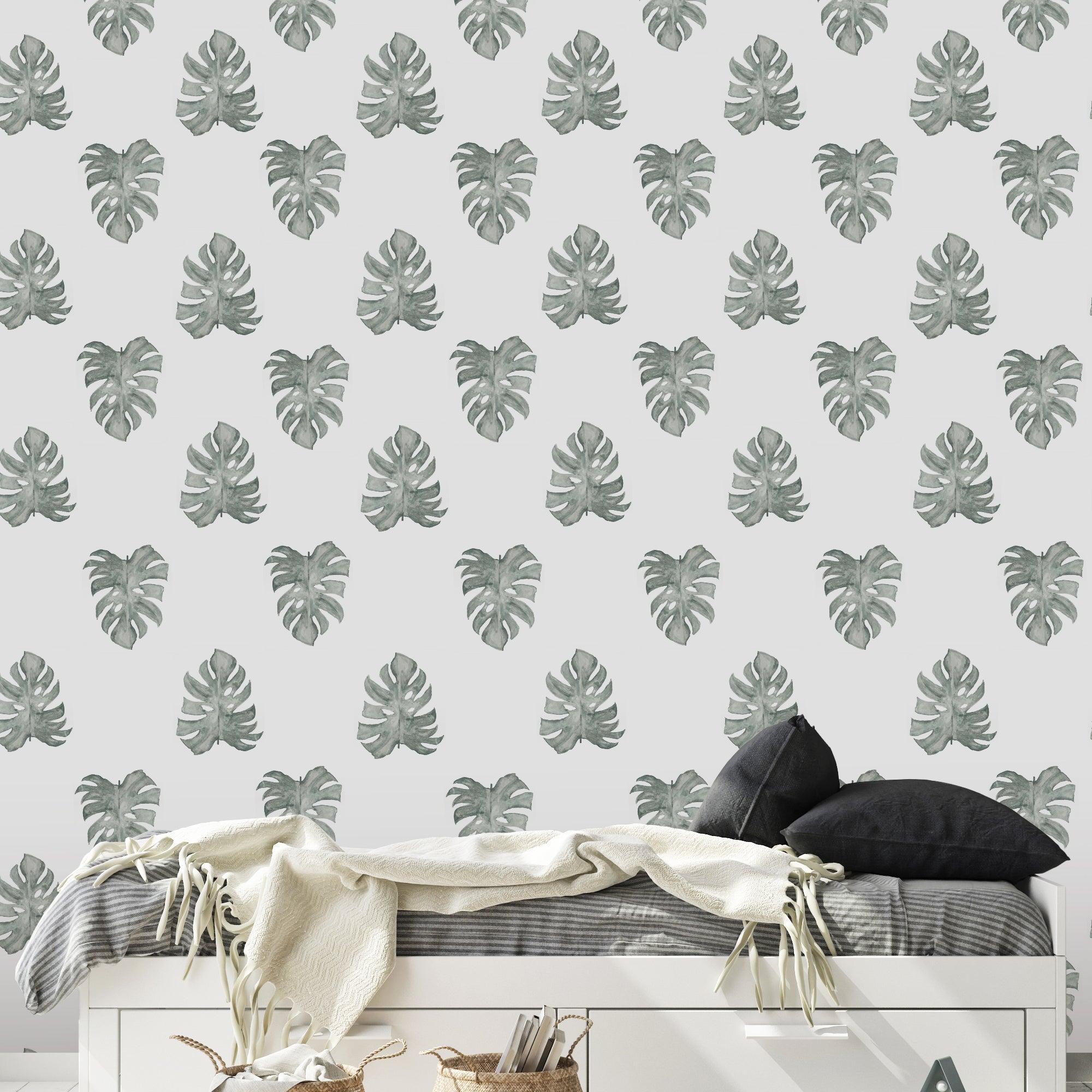 Be Nice Or Leaf Wallpaper by The Salem Gideon Line in a stylish bedroom, highlighting the interior decor.